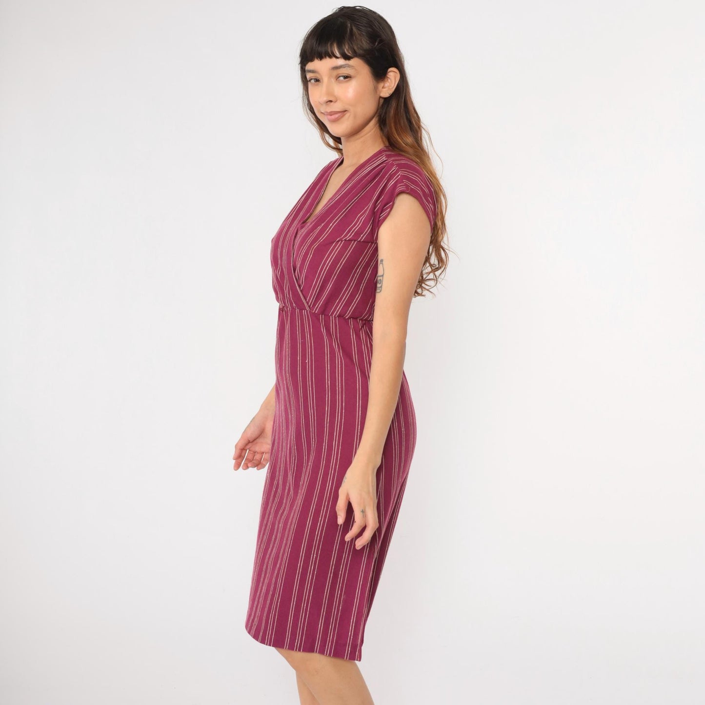 70s Purple Striped Wrap Midi Dress V Neck Cap Sleeve Small