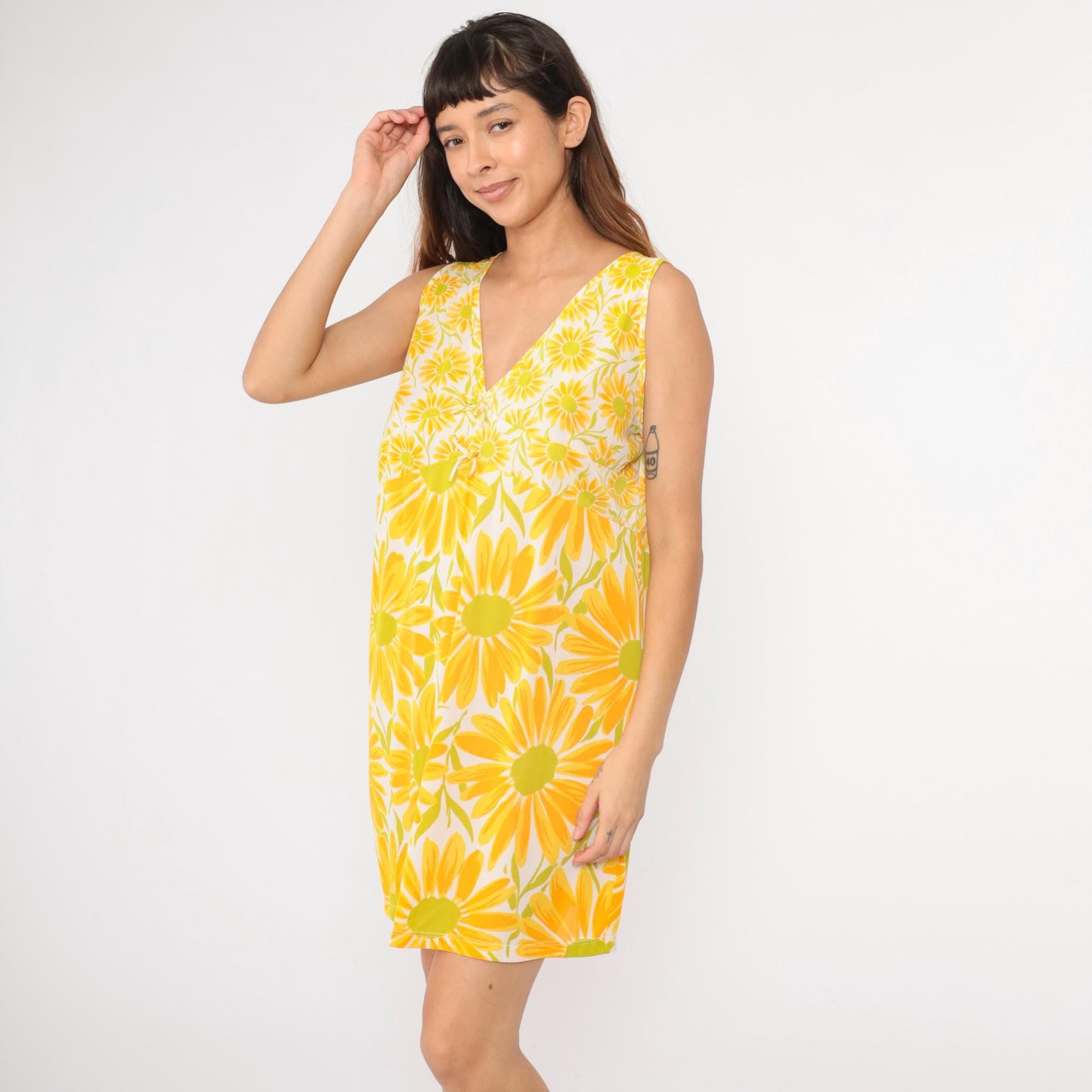 70s Yellow Floral White Slip Dress Nightgown Empire Waist Mini Large