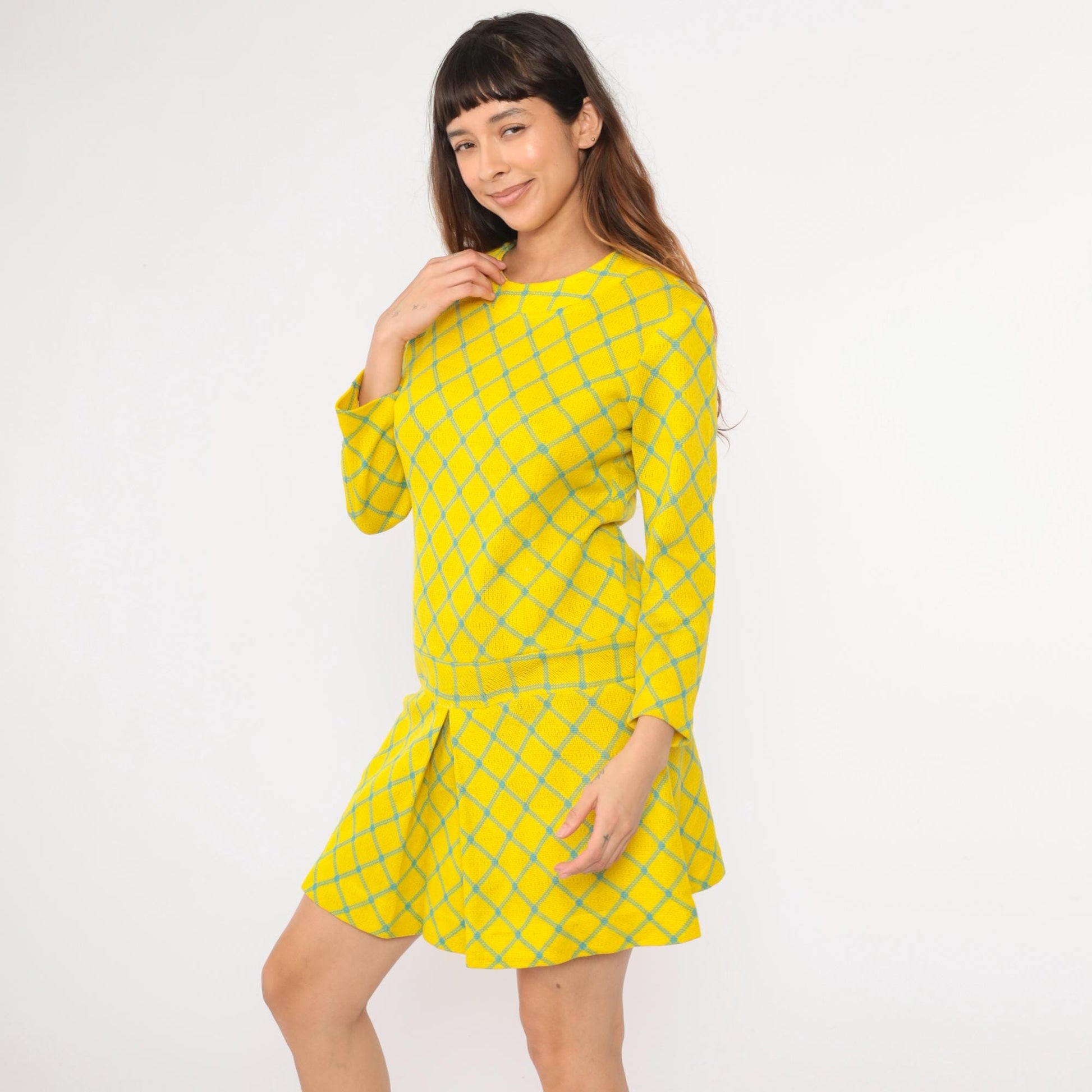 60s Yellow Checkered Drop Waist Mini Dress Long Sleeve Pleated Scooter Small