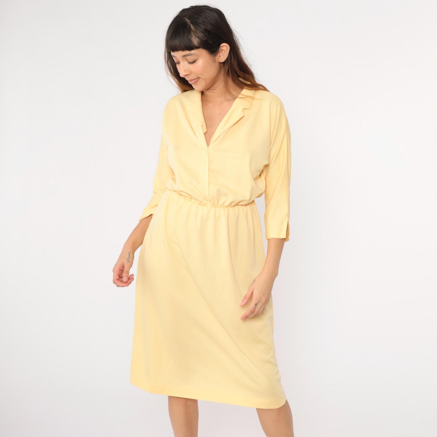 80s Yellow Midi Dress V Neck High Waist 3/4 Sleeve Small Medium