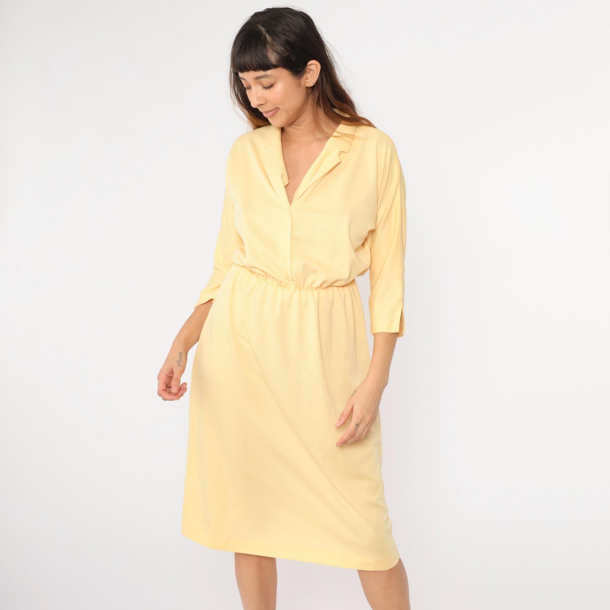 80s Yellow Midi Dress V Neck High Waist 3/4 Sleeve Small Medium