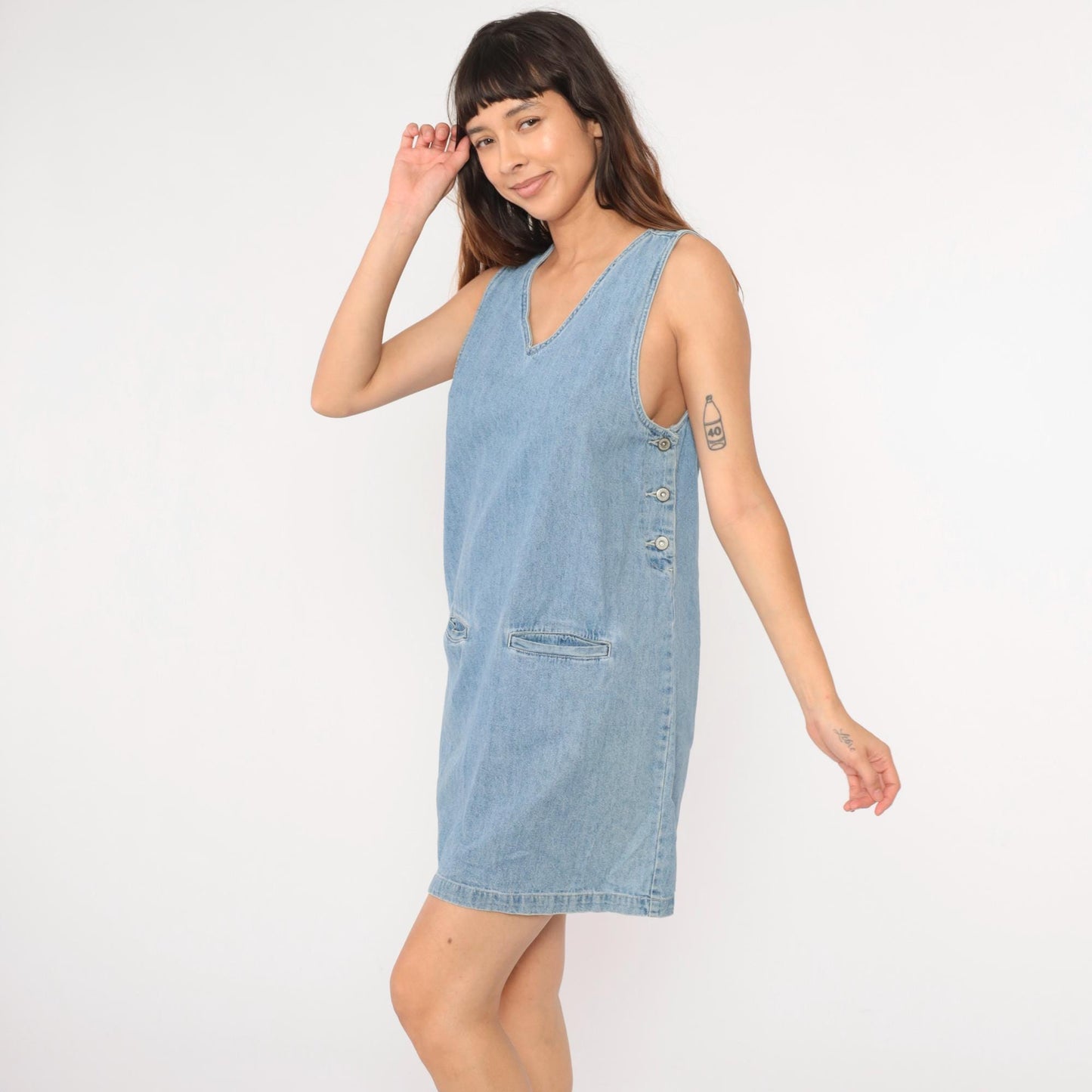 Y2K Faded Glory Denim Jumper Dress Mini Blue Jean Pinafore Medium