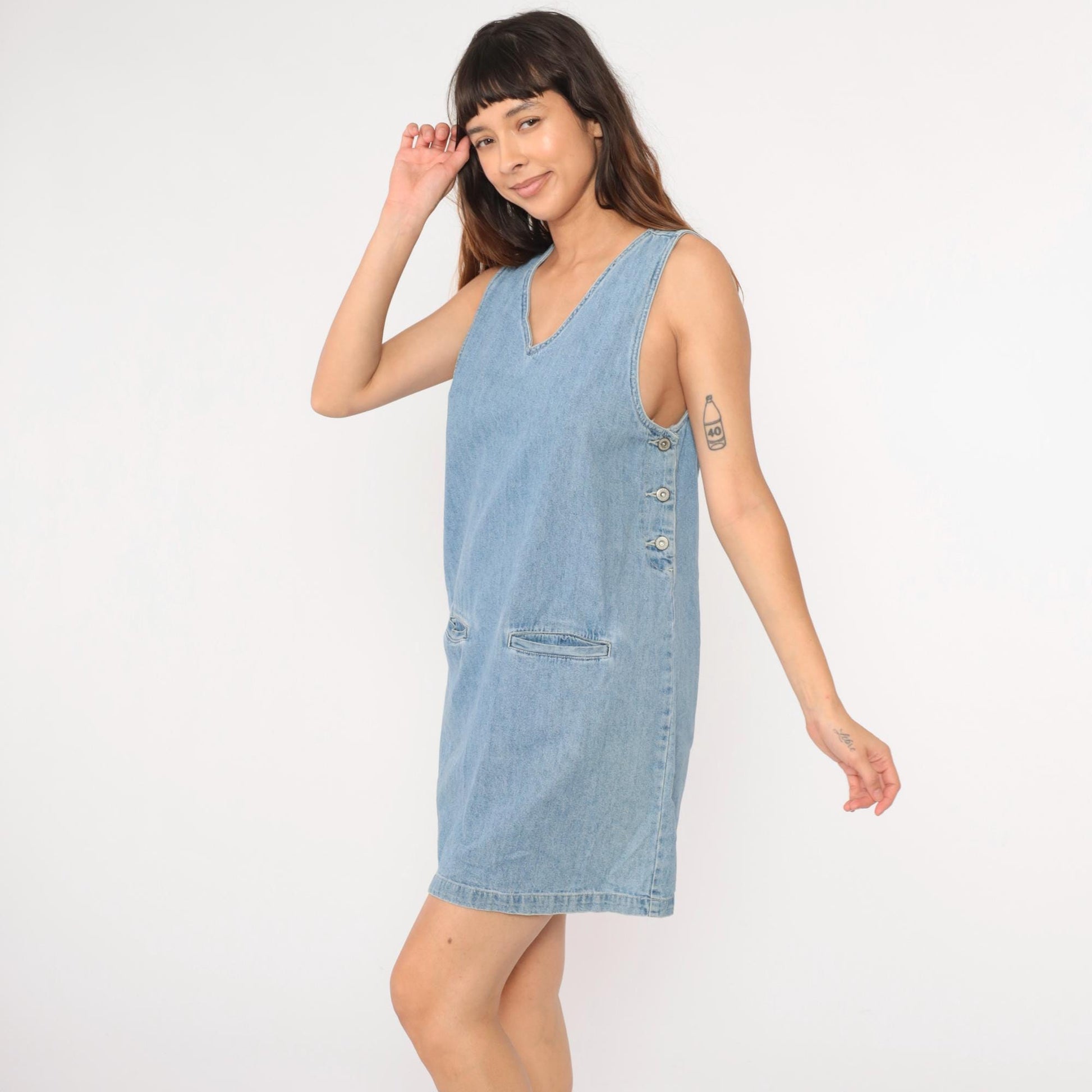 Y2K Faded Glory Denim Jumper Dress Mini Blue Jean Pinafore Medium