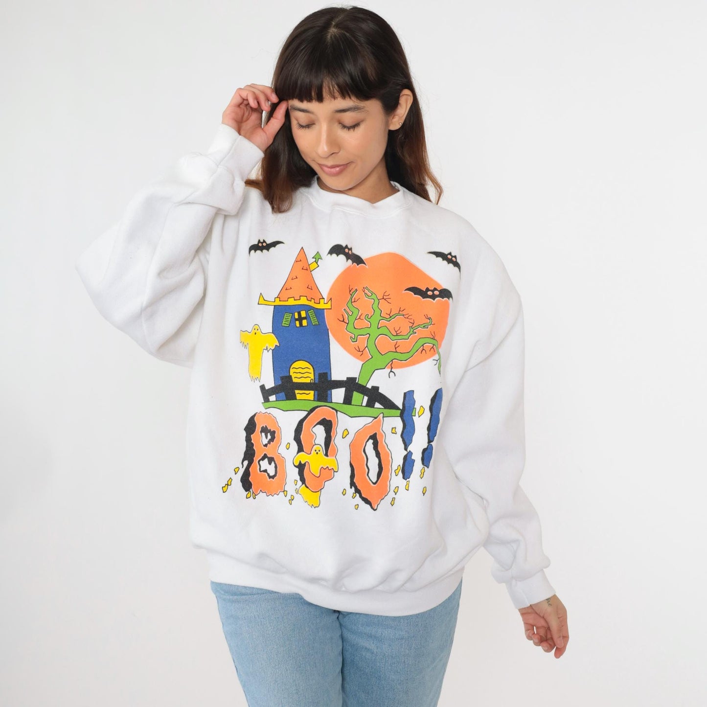 90s Tultex Halloween Sweatshirt Haunted House Boo Ghosts White Extra Large XXL