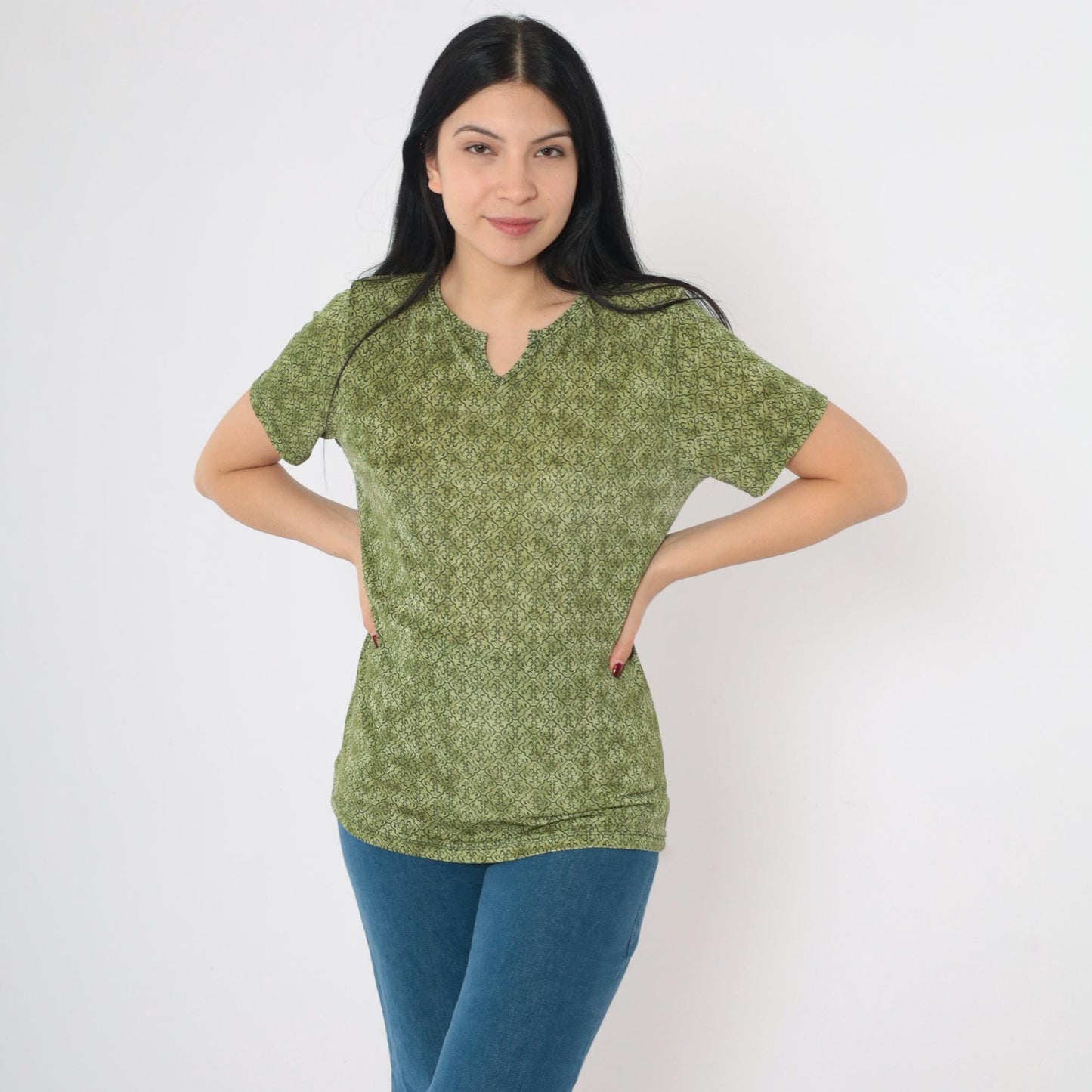90s Olive Green Geometric Lattice Print Top Split V-Neck Short Sleeve Medium Large
