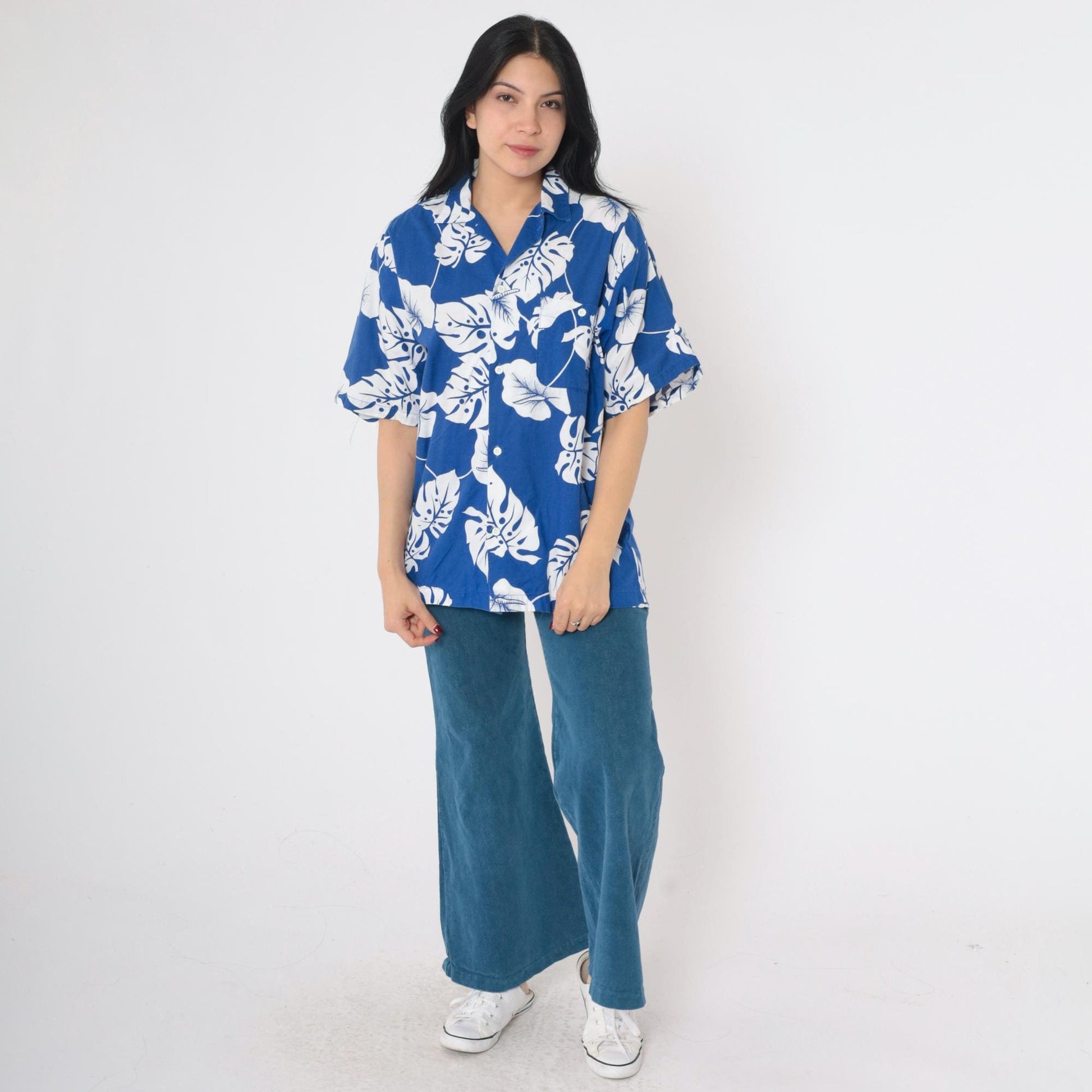 90s Newport Blue Hawaiian Shirt Toucan Monstera Tropical Floral Large L