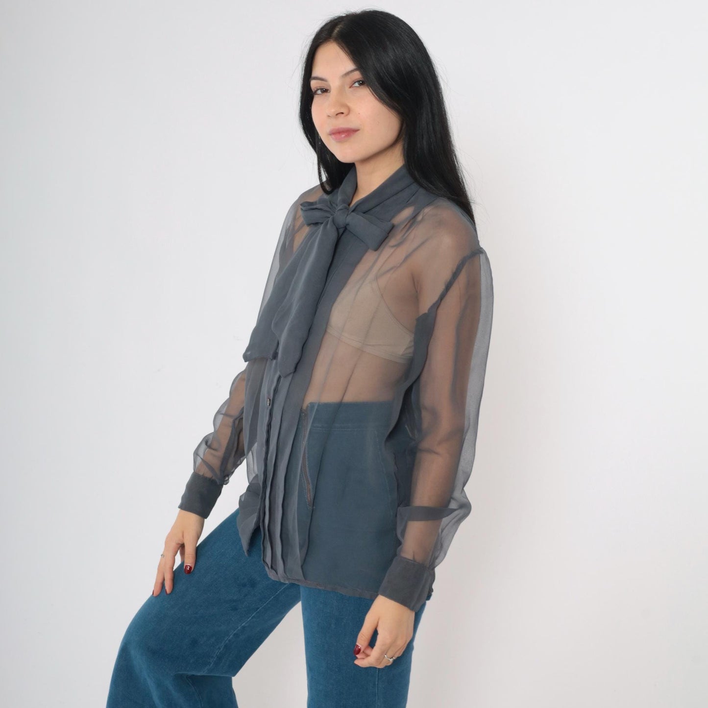 80s Maurice Antaya Sheer Chiffon Blouse Grey Ascot Bow Long Sleeve Medium
