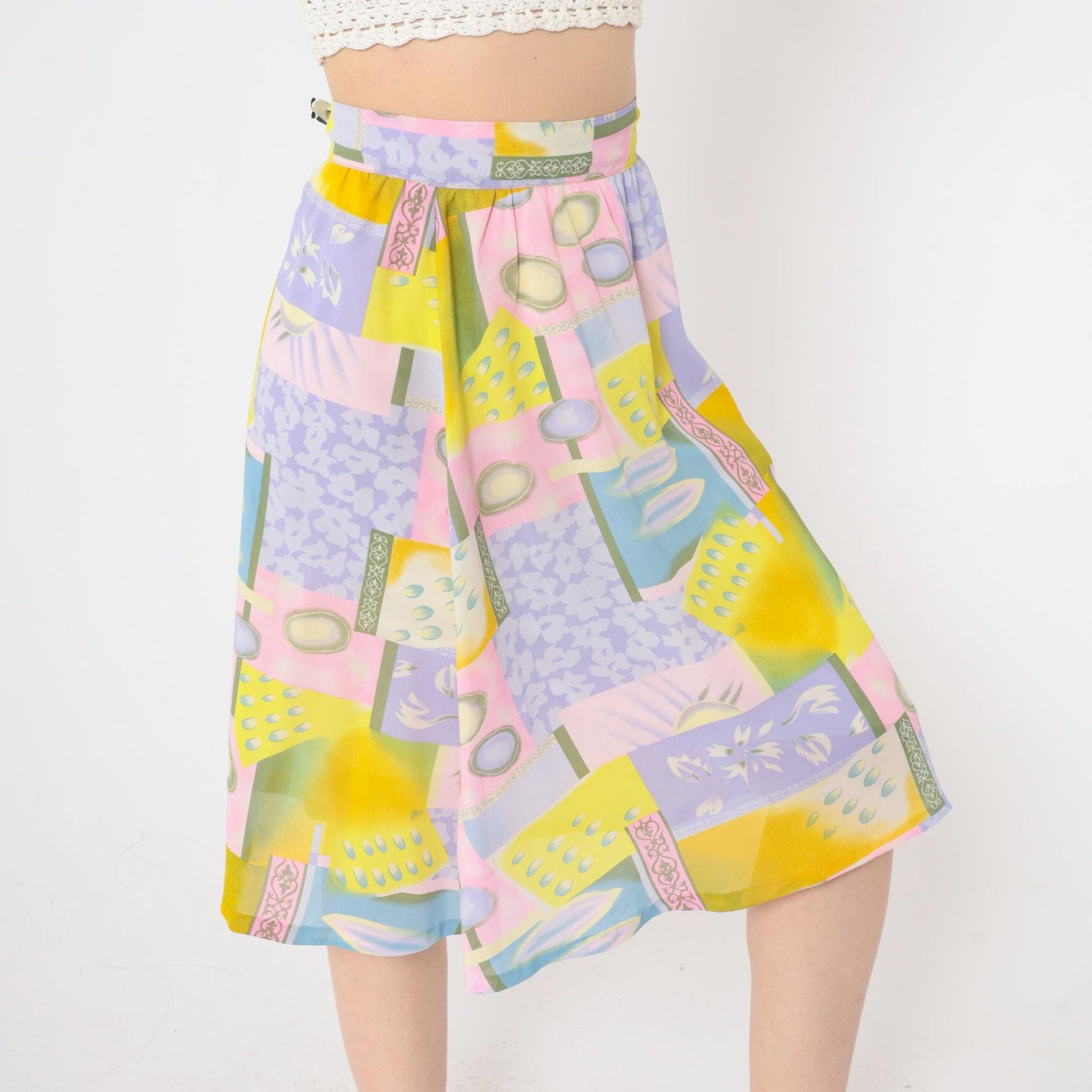 90s Abstract Geometric Midi Skirt Pastel Color Block High Waist Large L