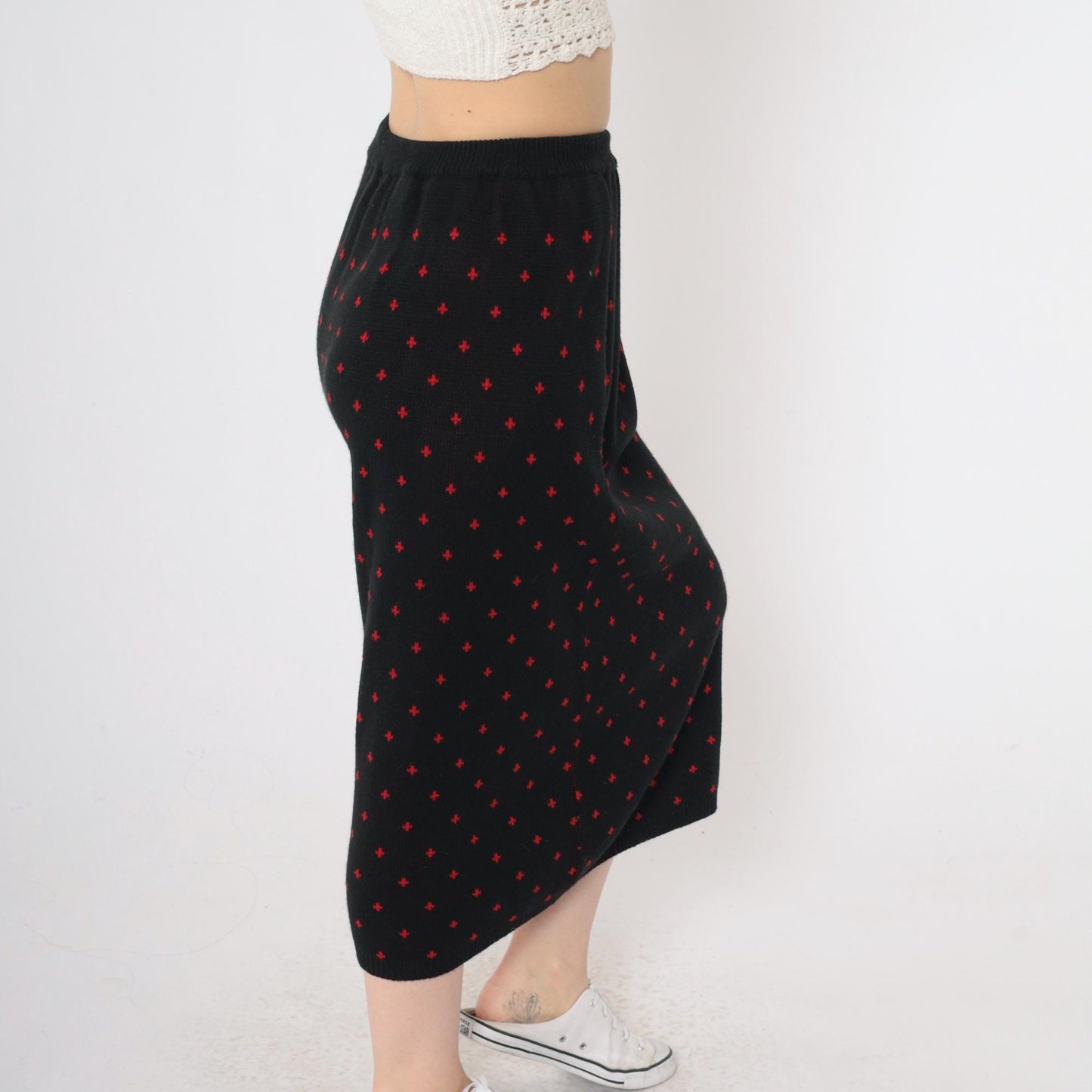 80s Khazana Black Knit Midi Skirt Red Geometric Print Elastic Waist Small