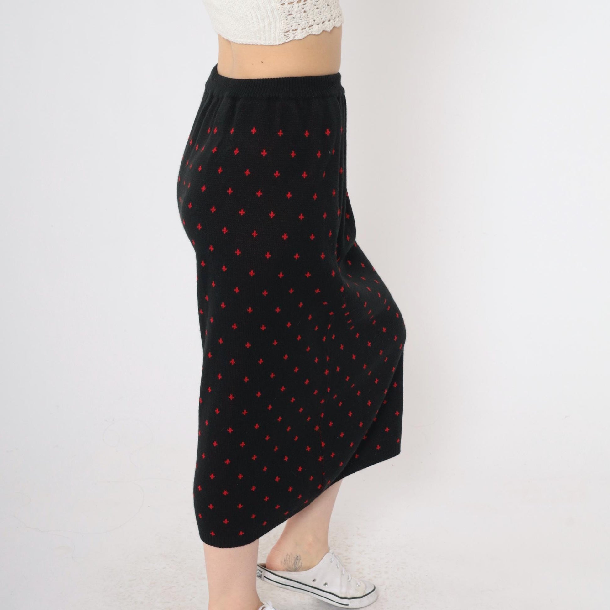 80s Khazana Black Knit Midi Skirt Red Geometric Print Elastic Waist Small