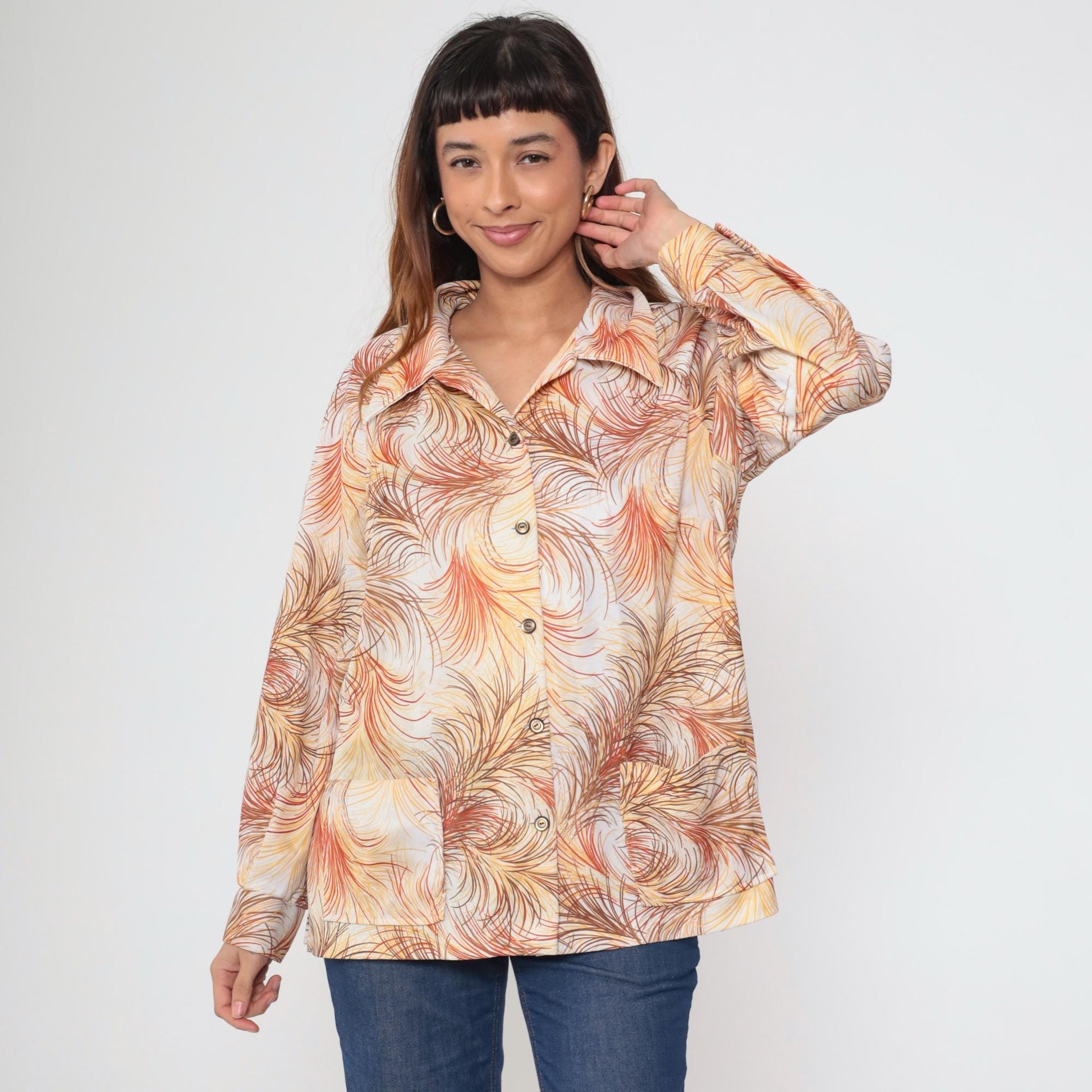70s Abstract Feather Print Button Up Blouse Dagger Collar Yellow Orange Brown Extra Large