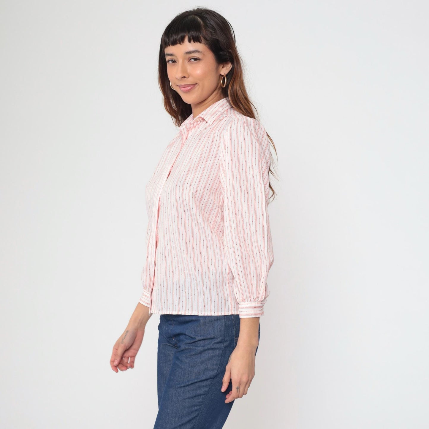 80s Striped Puff Sleeve Button-Up Blouse White Red Small S