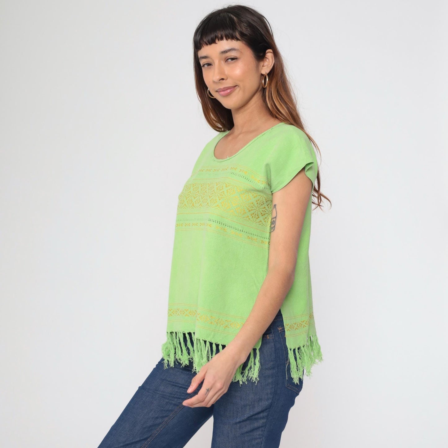 80s Lime Green Embroidered Mexican Tunic Top Geometric Cutwork Cap Sleeve Medium