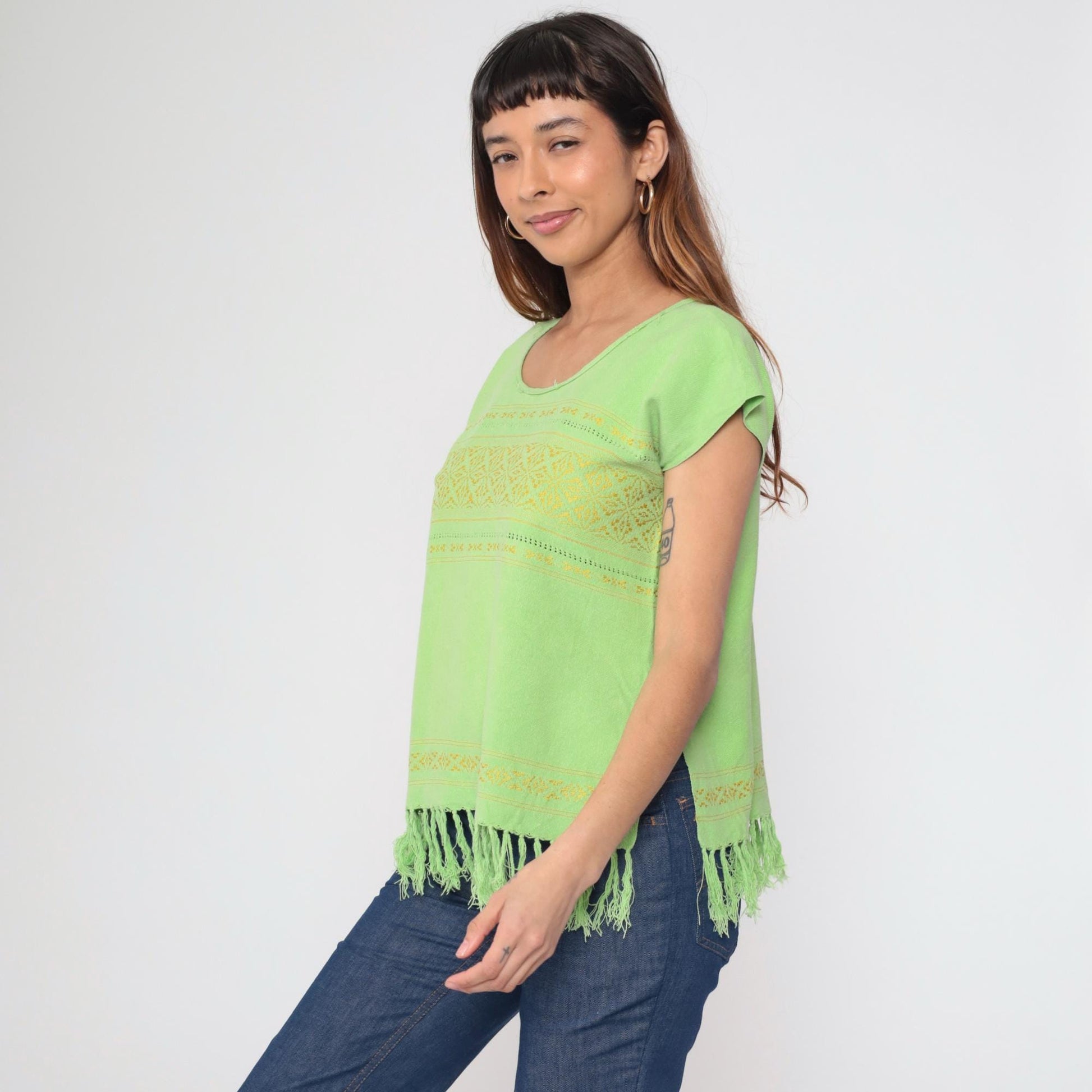 80s Lime Green Embroidered Mexican Tunic Top Geometric Cutwork Cap Sleeve Medium