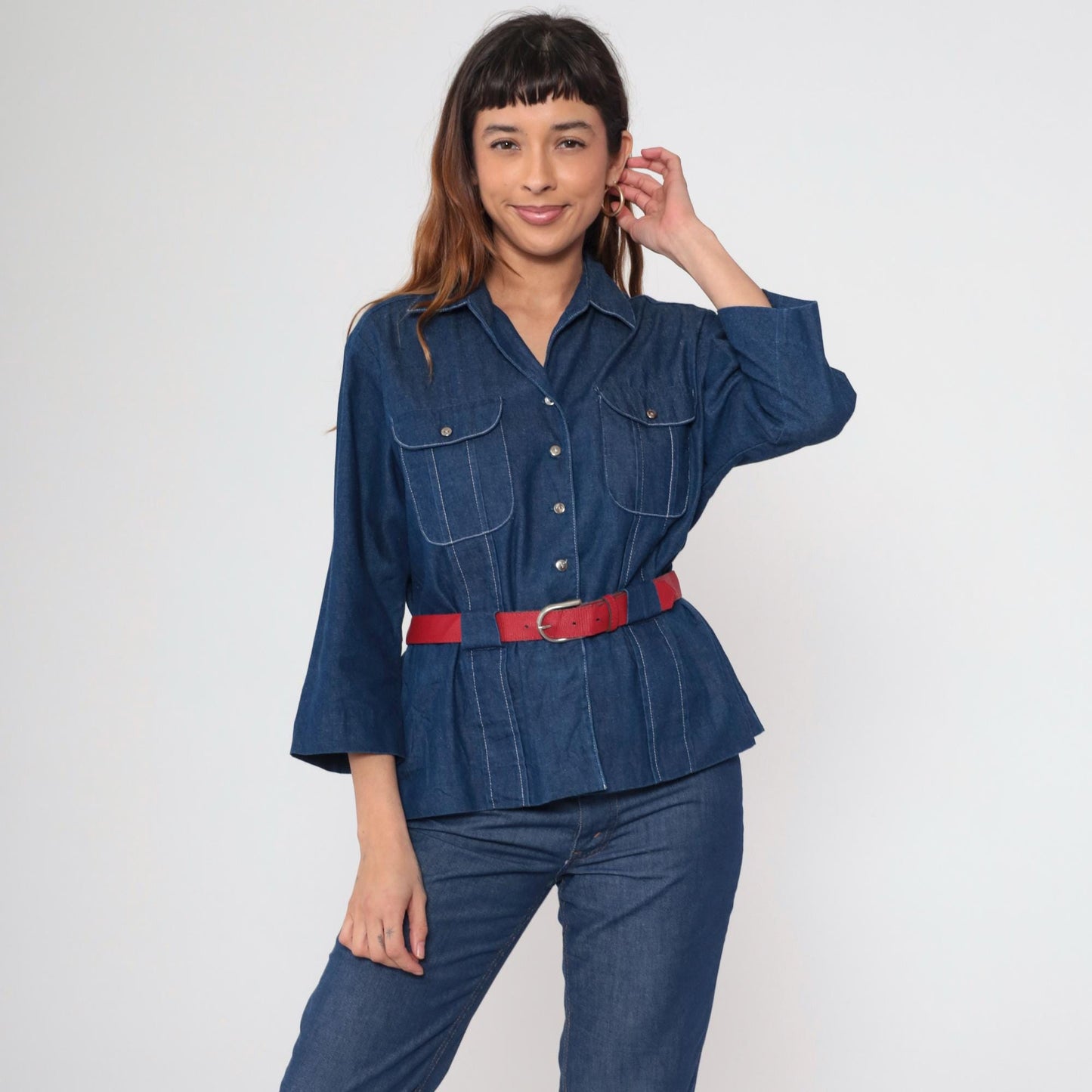 80s Willi of California Chambray Blouse Button-Up Pointed Collar Blue Medium