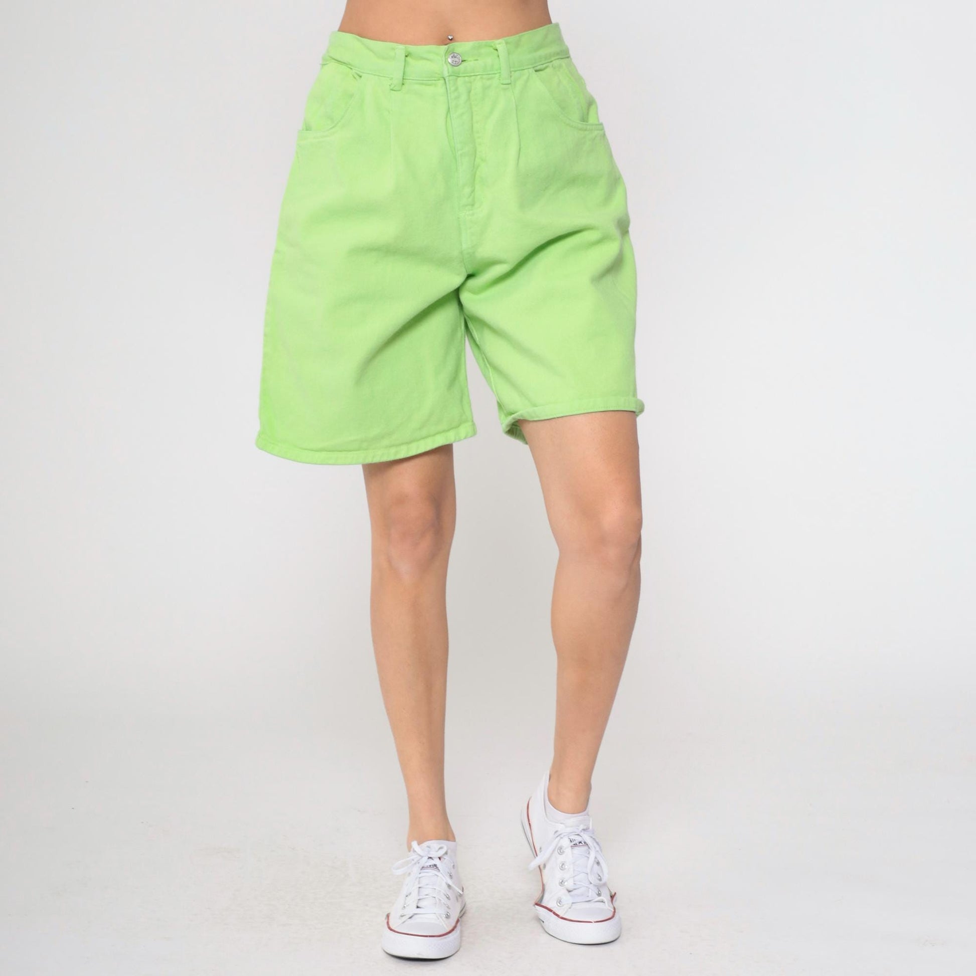 90s Lime Green Denim Shorts High Waist Jean Shorts Cotton Large 12