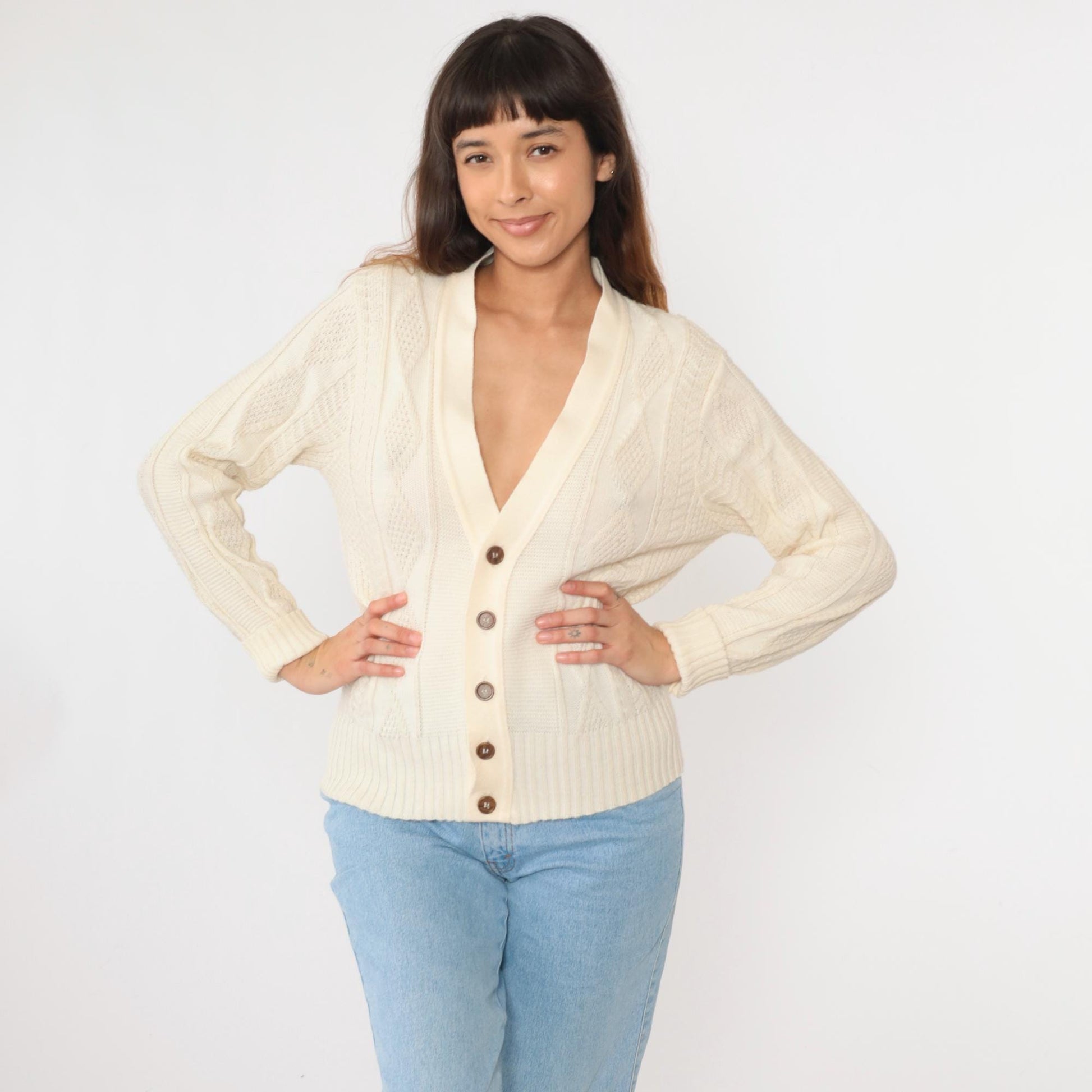 70s Fishers Castleton Cream Cardigan Diamond Knit V-Neck Button-Up Small