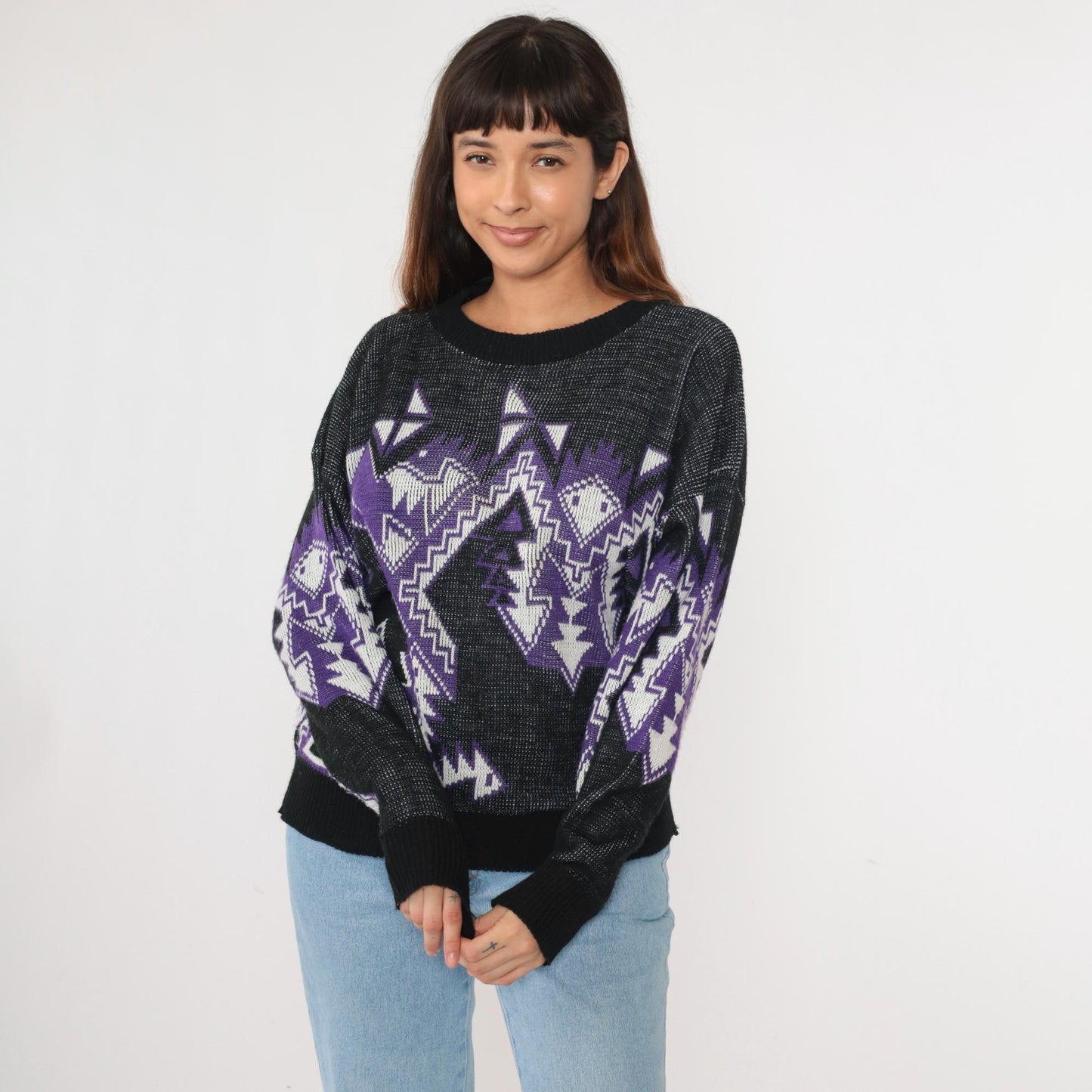 80s Geometric Snake Pattern Sweater Purple Black Acrylic Crewneck Large