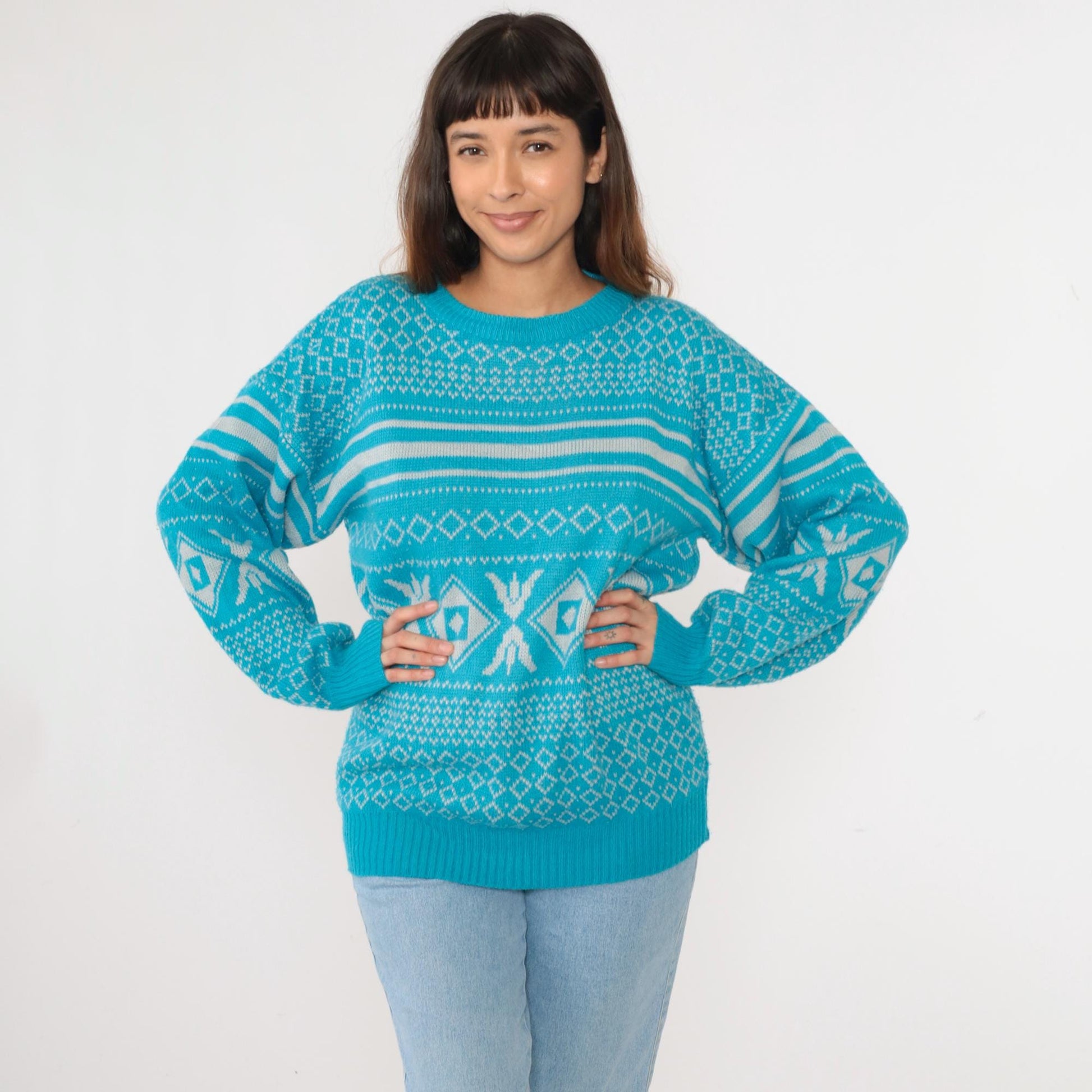 80s Geometric Knit Sweater Bright Blue Diamond Abstract Crewneck Medium M