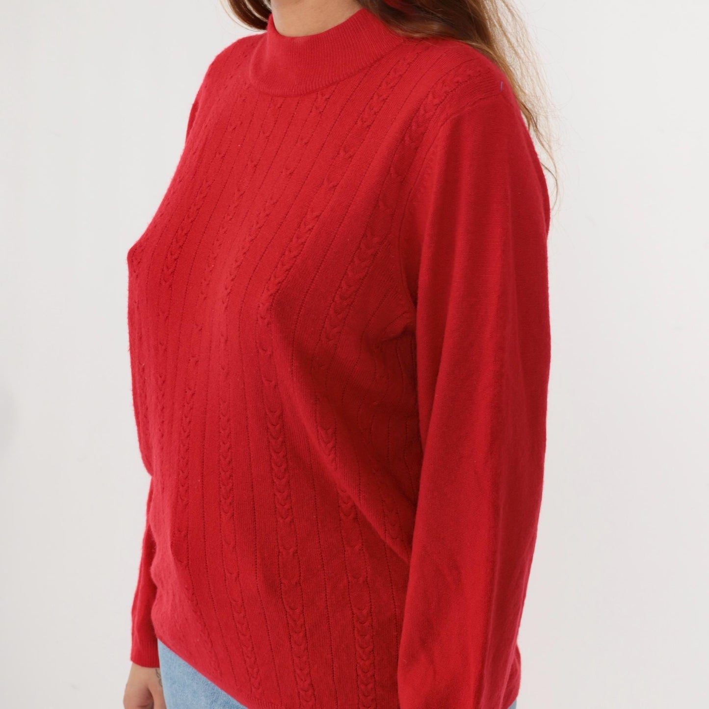 90s Alison Daley Red Cable Knit Mock Neck Sweater Large L