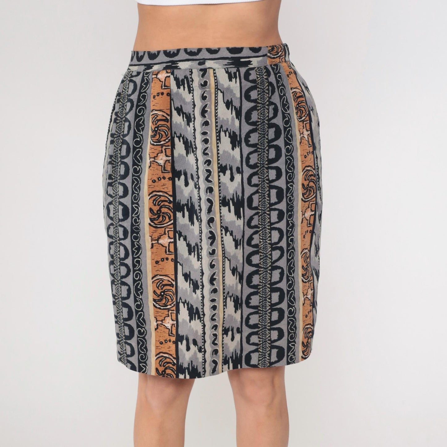 90s Geometric Striped Mini Skirt High Waisted Pencil Grey Black Tan Medium