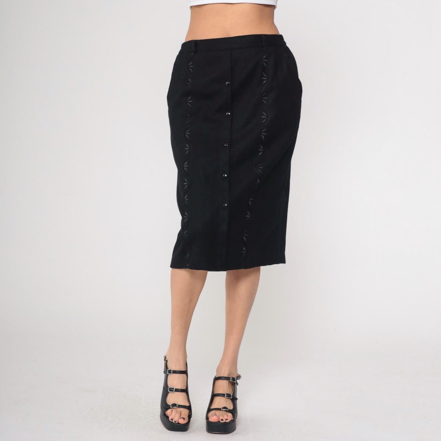 90s Black Floral Embroidered Button-Up Pencil Skirt Knee Length Medium