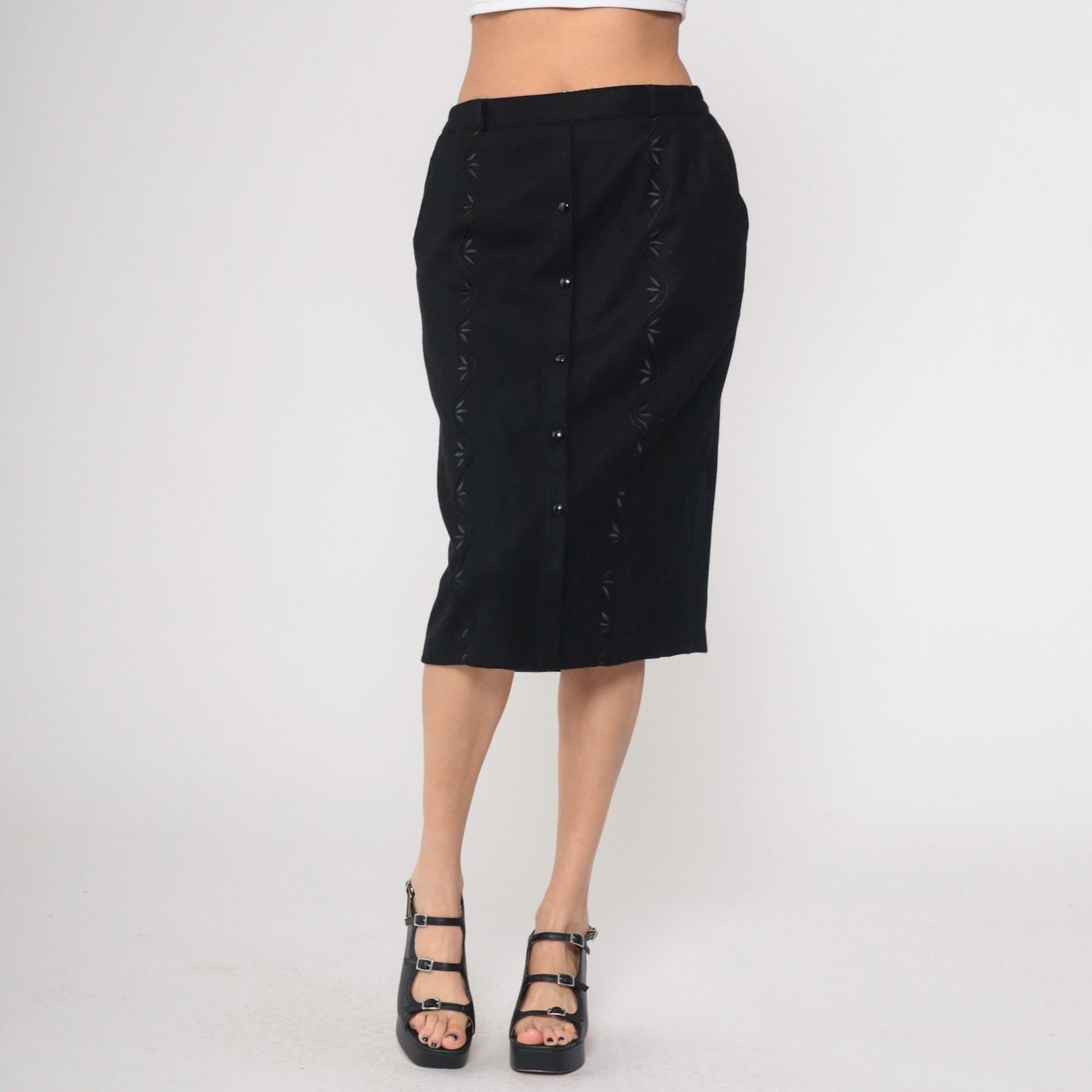 90s Black Floral Embroidered Button-Up Pencil Skirt Knee Length Medium