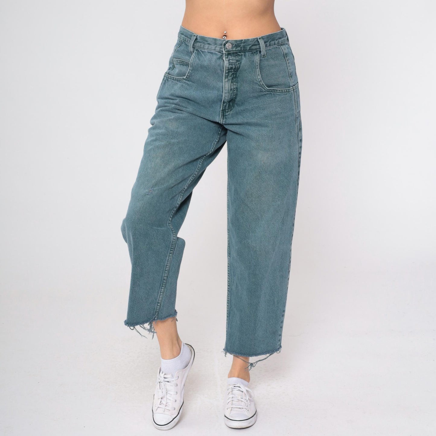 90s Guess Jeans High Rise Straight Leg Frayed Cutoff Blue-Green Denim 31