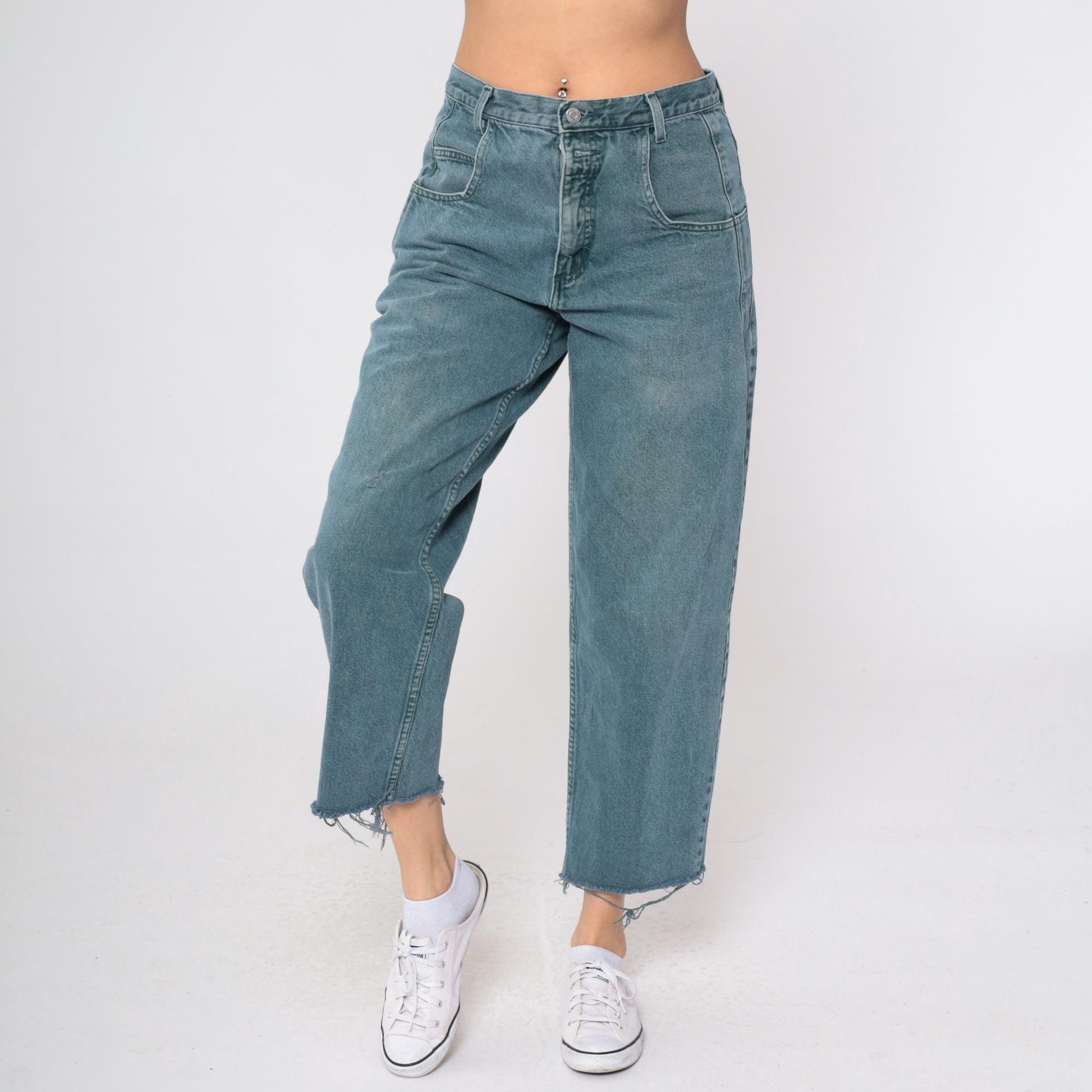90s Guess Jeans High Rise Straight Leg Frayed Cutoff Blue-Green Denim 31