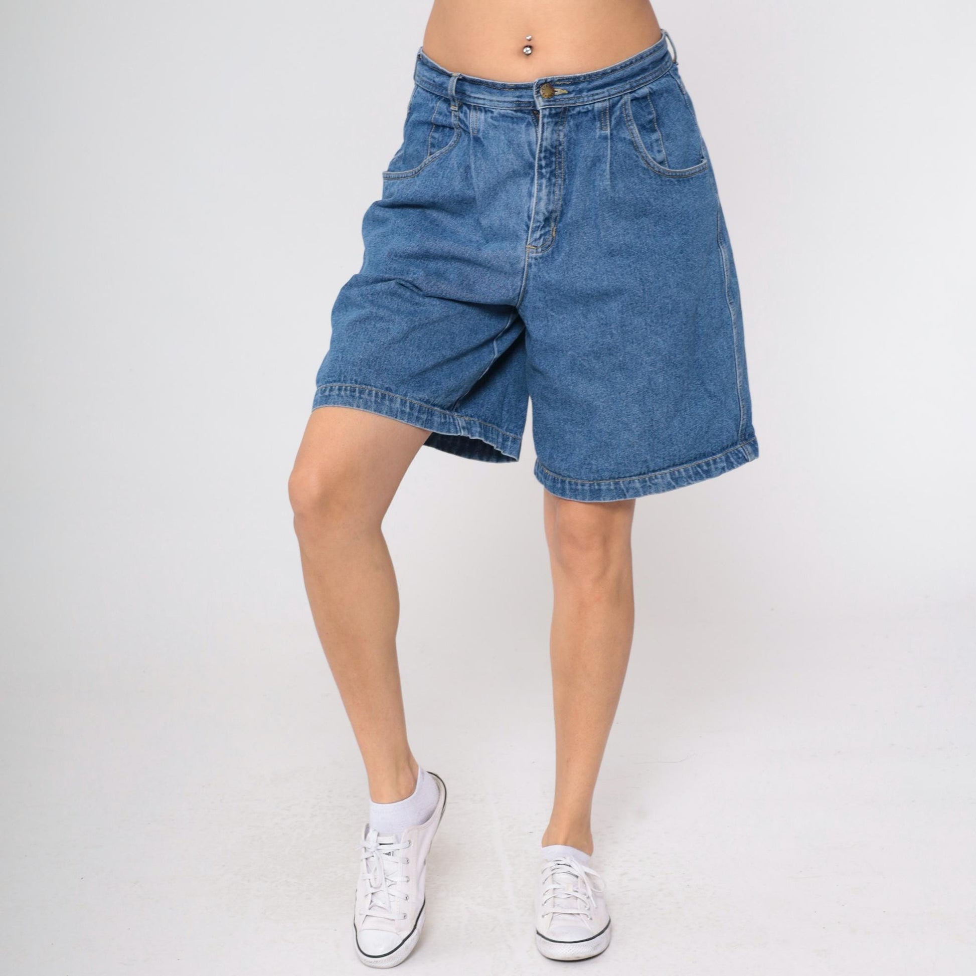 90s Claus Sports High Waisted Pleated Denim Shorts Blue Large