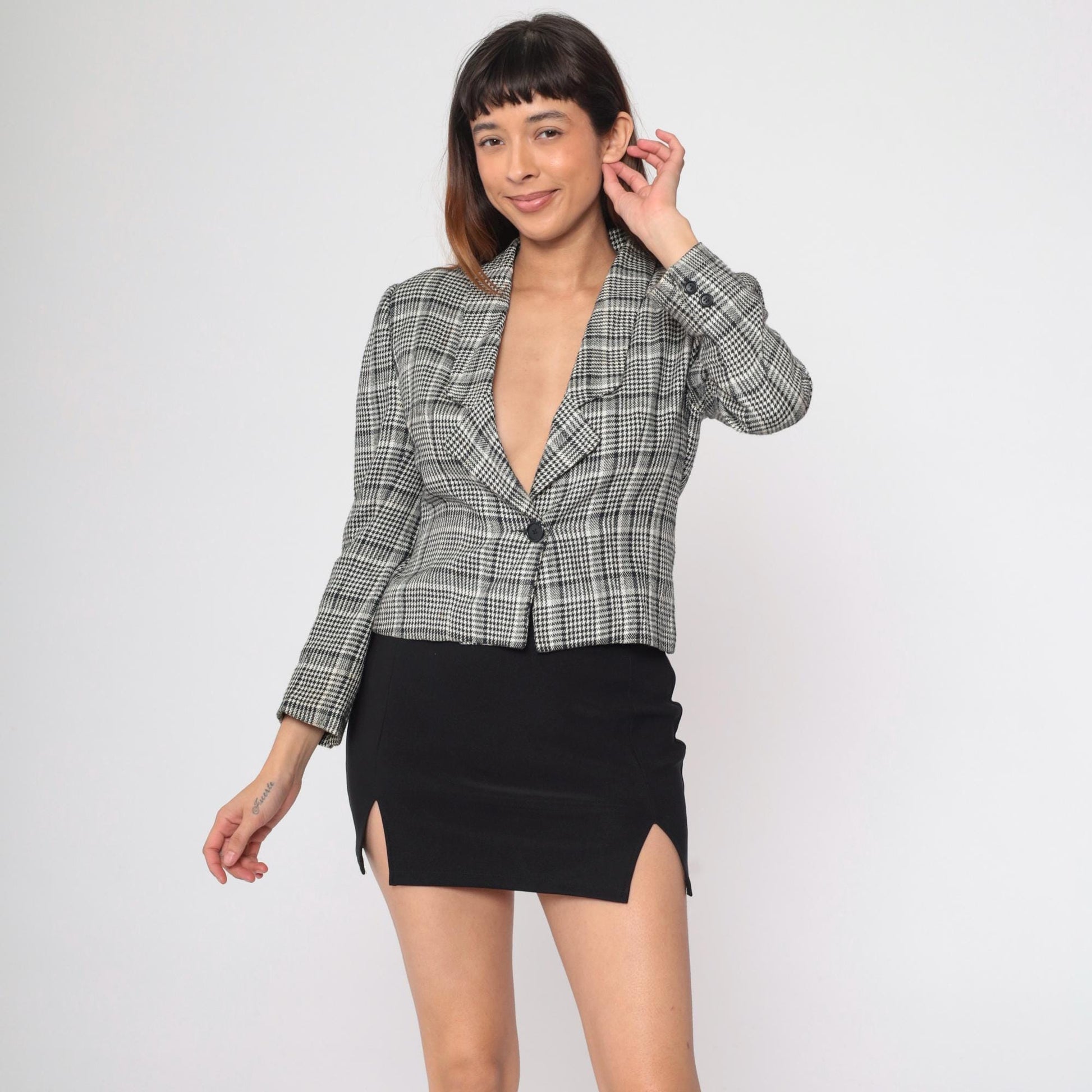 90s Michelle Stuart Houndstooth Blazer Black White Single Button Small Petite