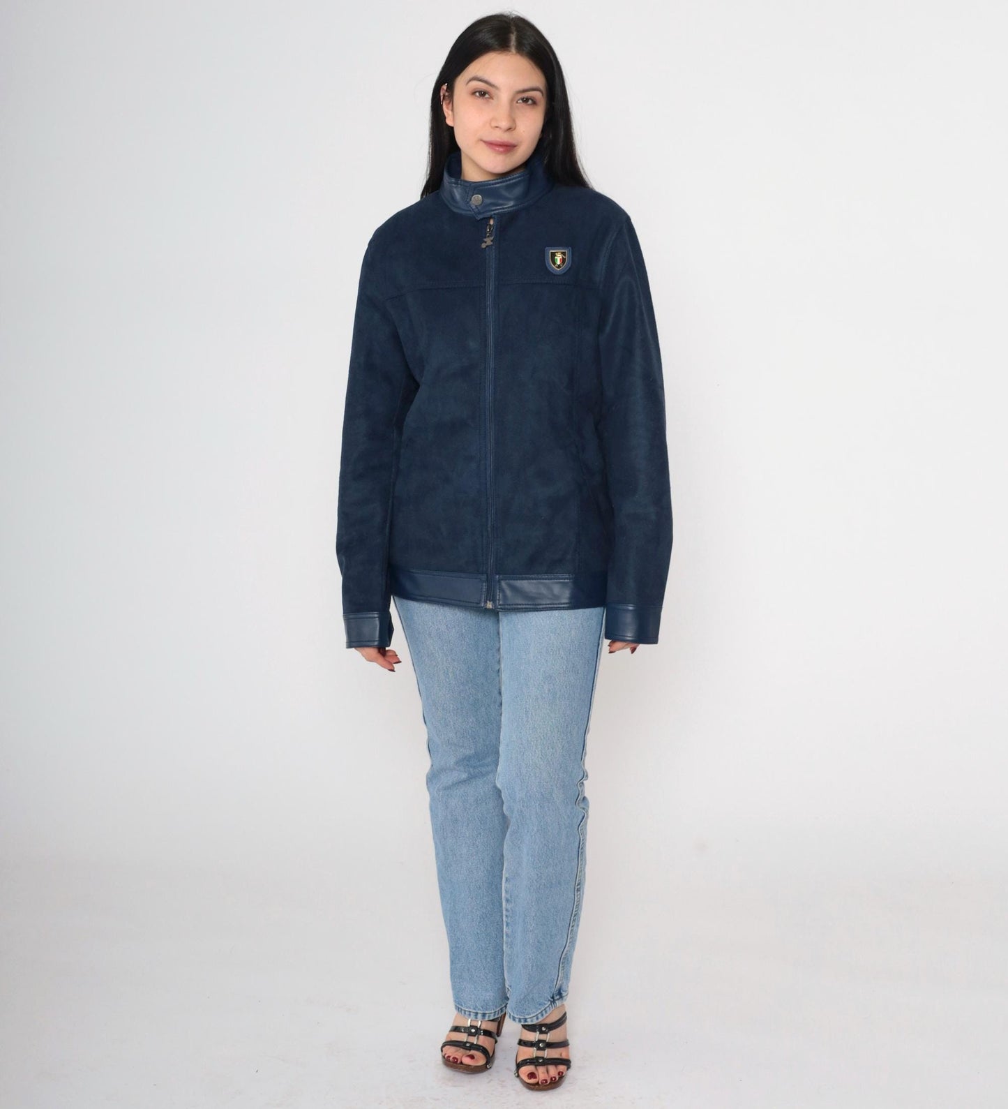 90s Collezioni Italia Faux Suede Jacket Navy Crest Logo Zip Moto Small