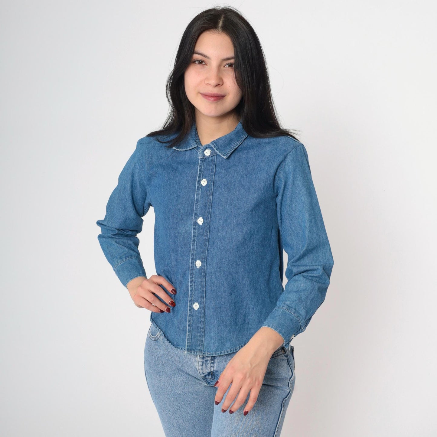 90s Contempo Casuals Denim Button-Up Shirt Blue Cotton Long Sleeve XXS
