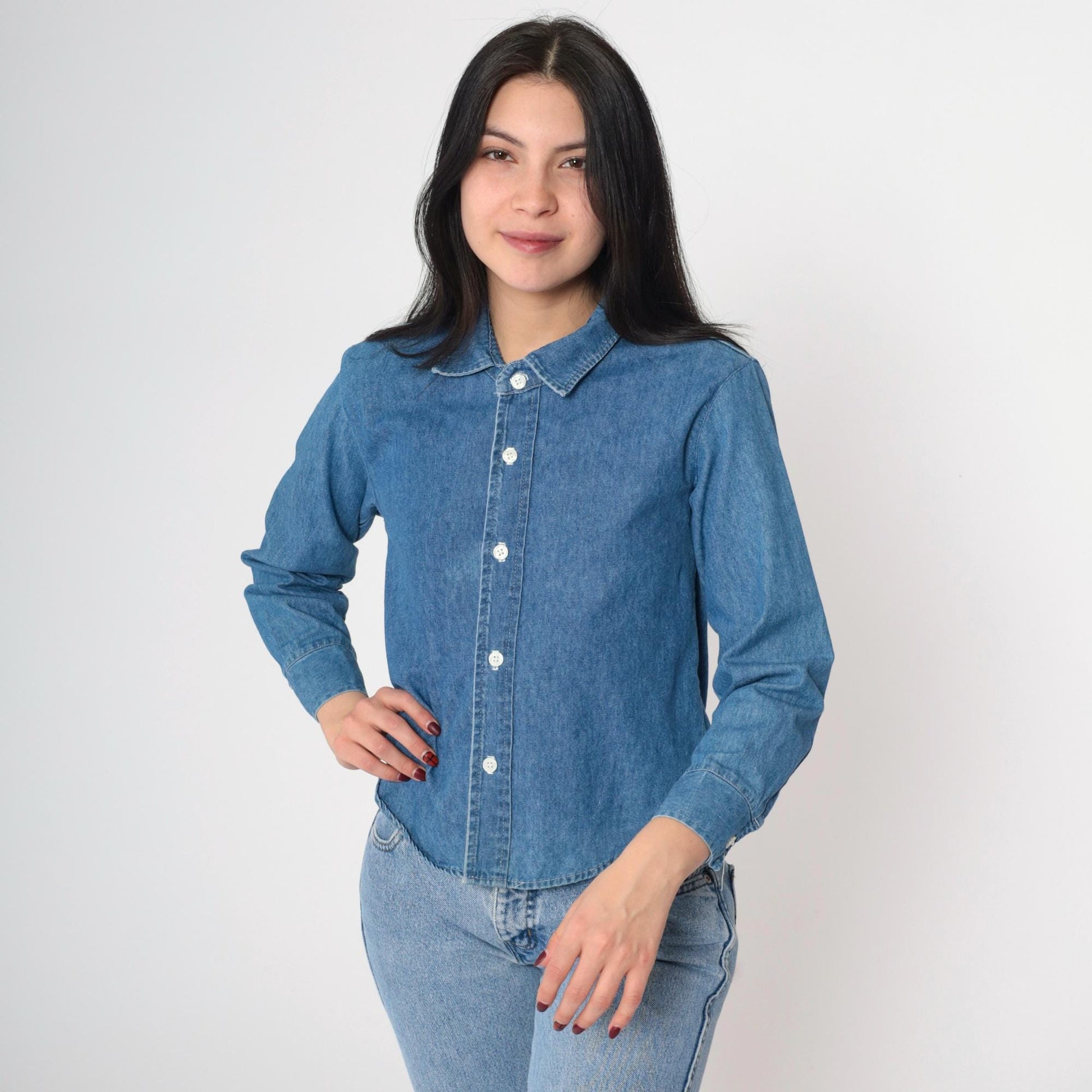 90s Contempo Casuals Denim Button-Up Shirt Blue Cotton Long Sleeve XXS