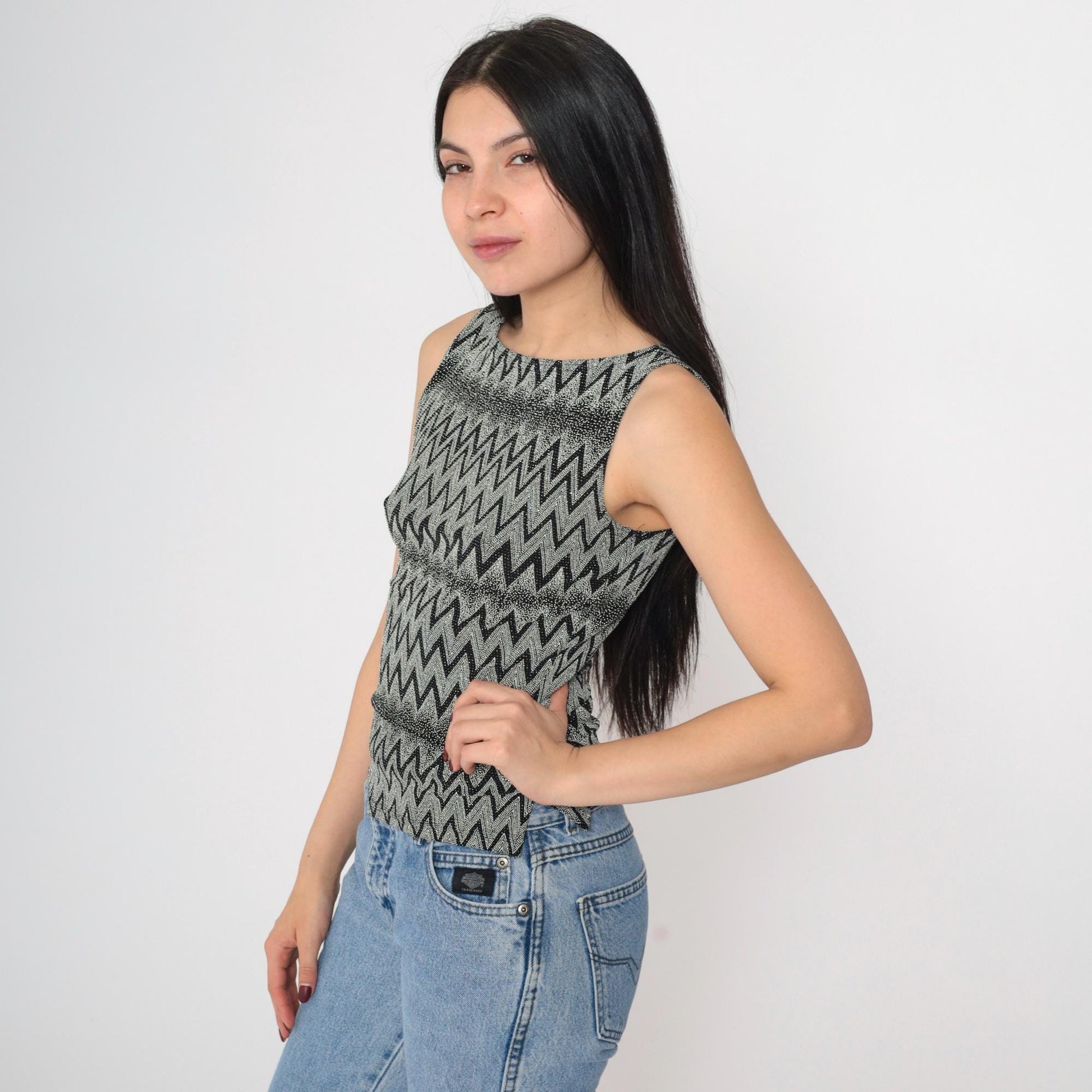 90s A. Byer Black White Chevron Metallic Tank Top Small