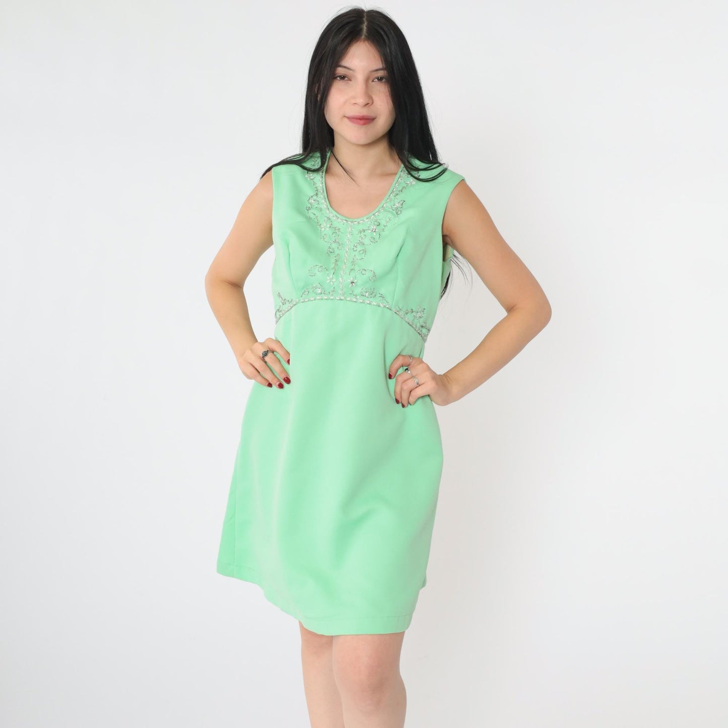 60s Mint Green Beaded Empire Waist Mini Dress Rhinestone Scoop Neck Medium