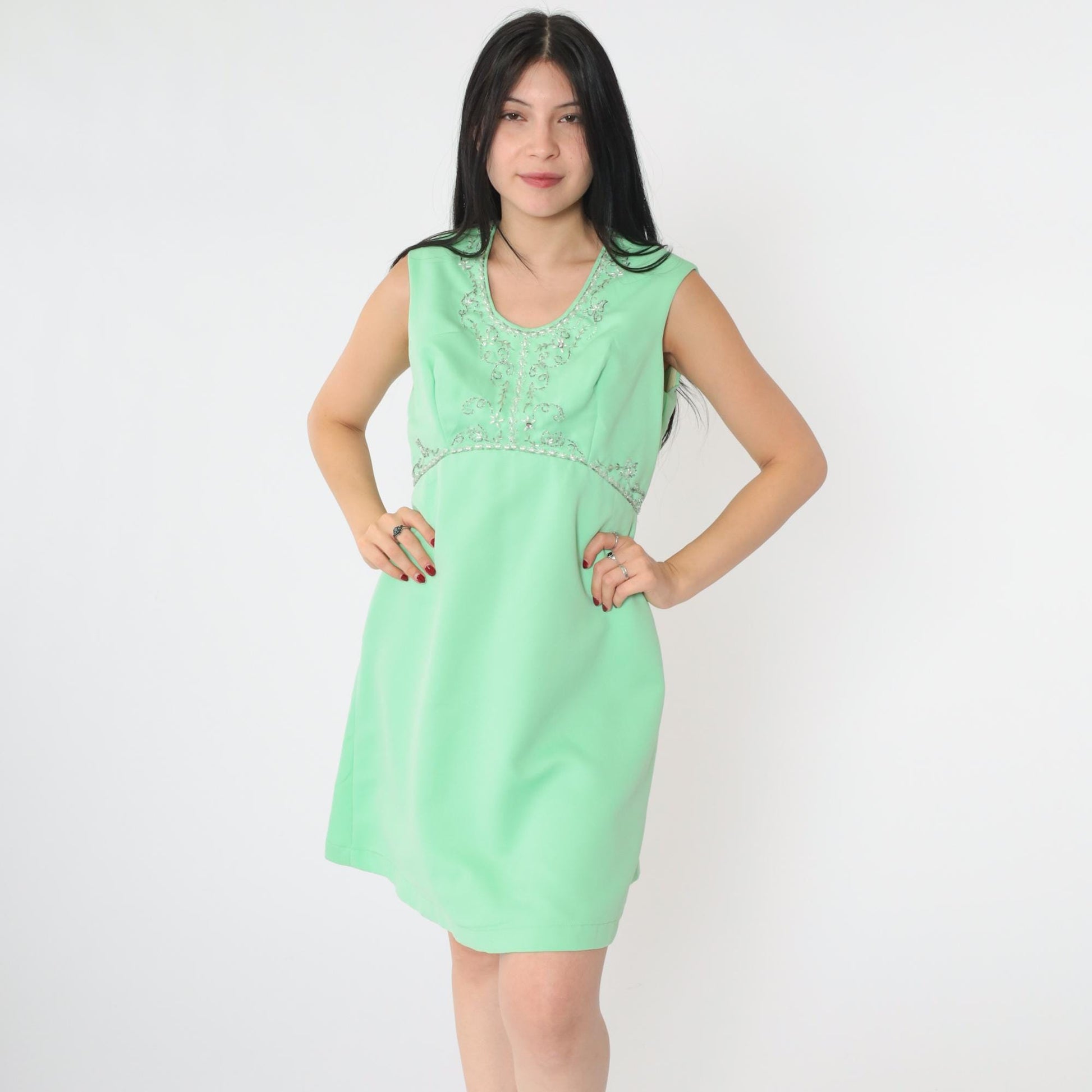 60s Mint Green Beaded Empire Waist Mini Dress Rhinestone Scoop Neck Medium