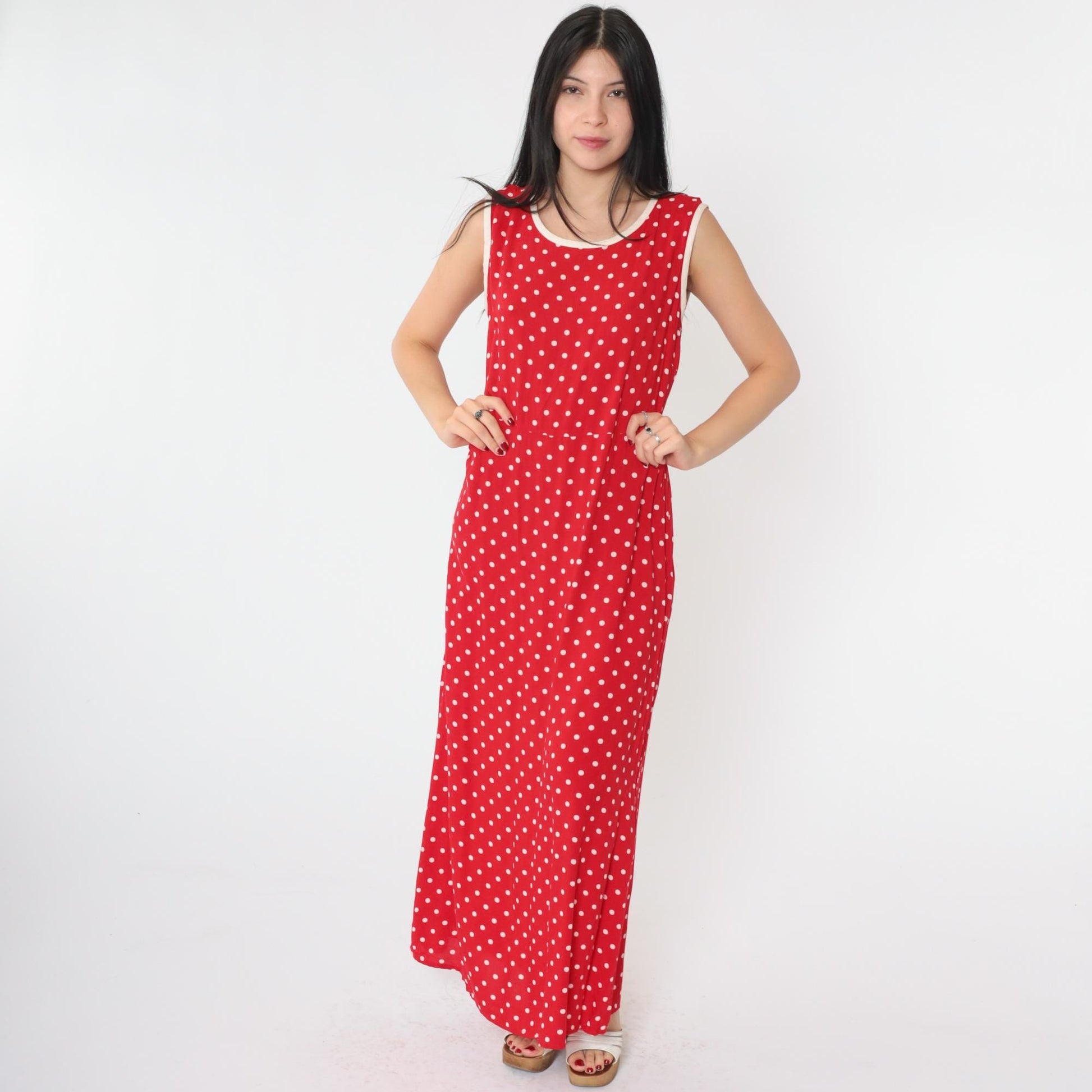 90s Red Polka Dot Maxi Dress Sleeveless High Waist Scoop Neck Medium