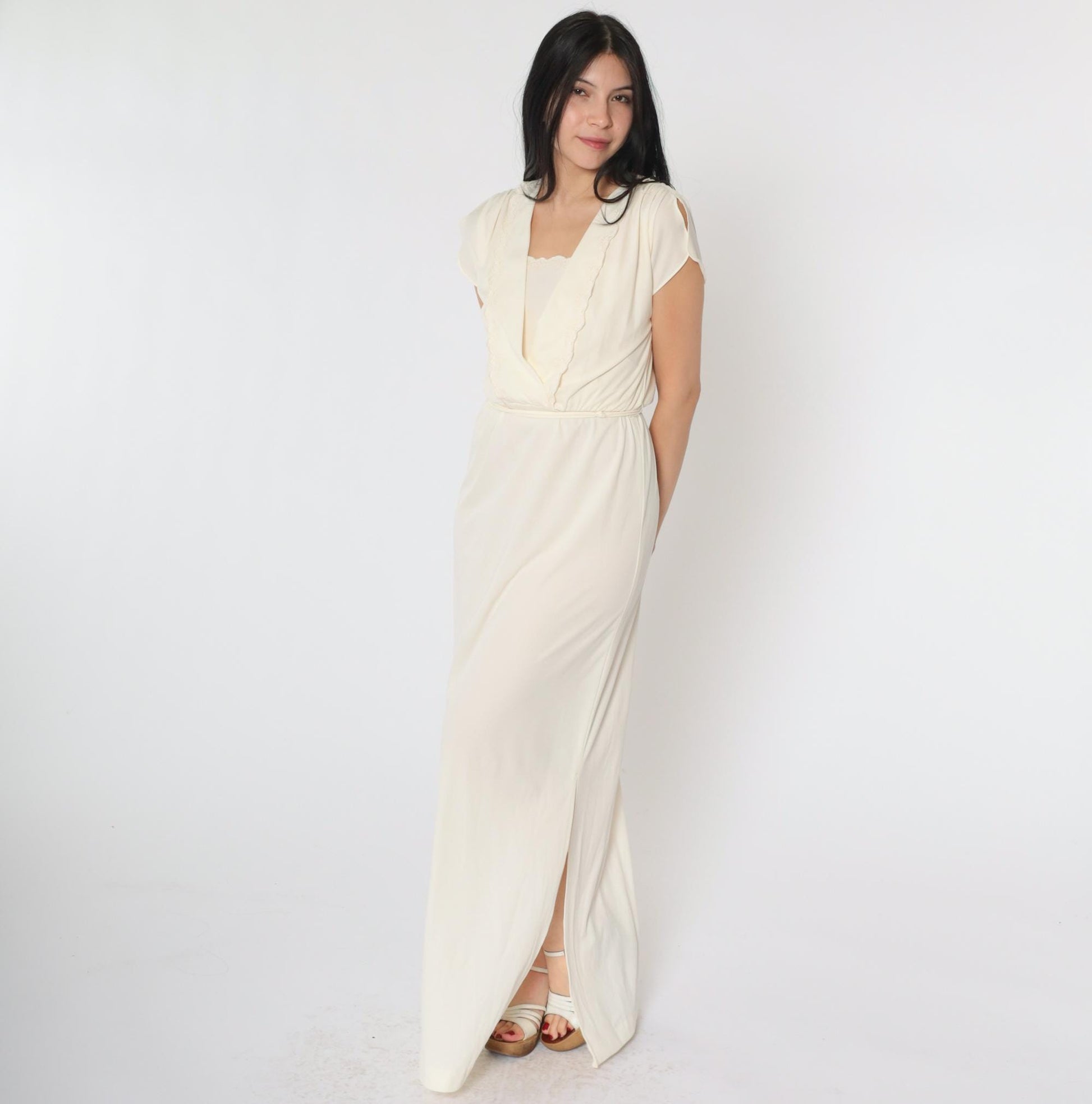 70s Cream Maxi Dress Embroidered Floral Wrap Bodice Flutter Sleeve Small