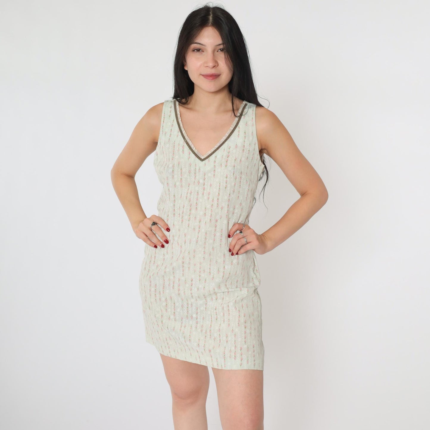 90s Mint Floral Sheath Mini Dress Deep V Neck Sleeveless Small