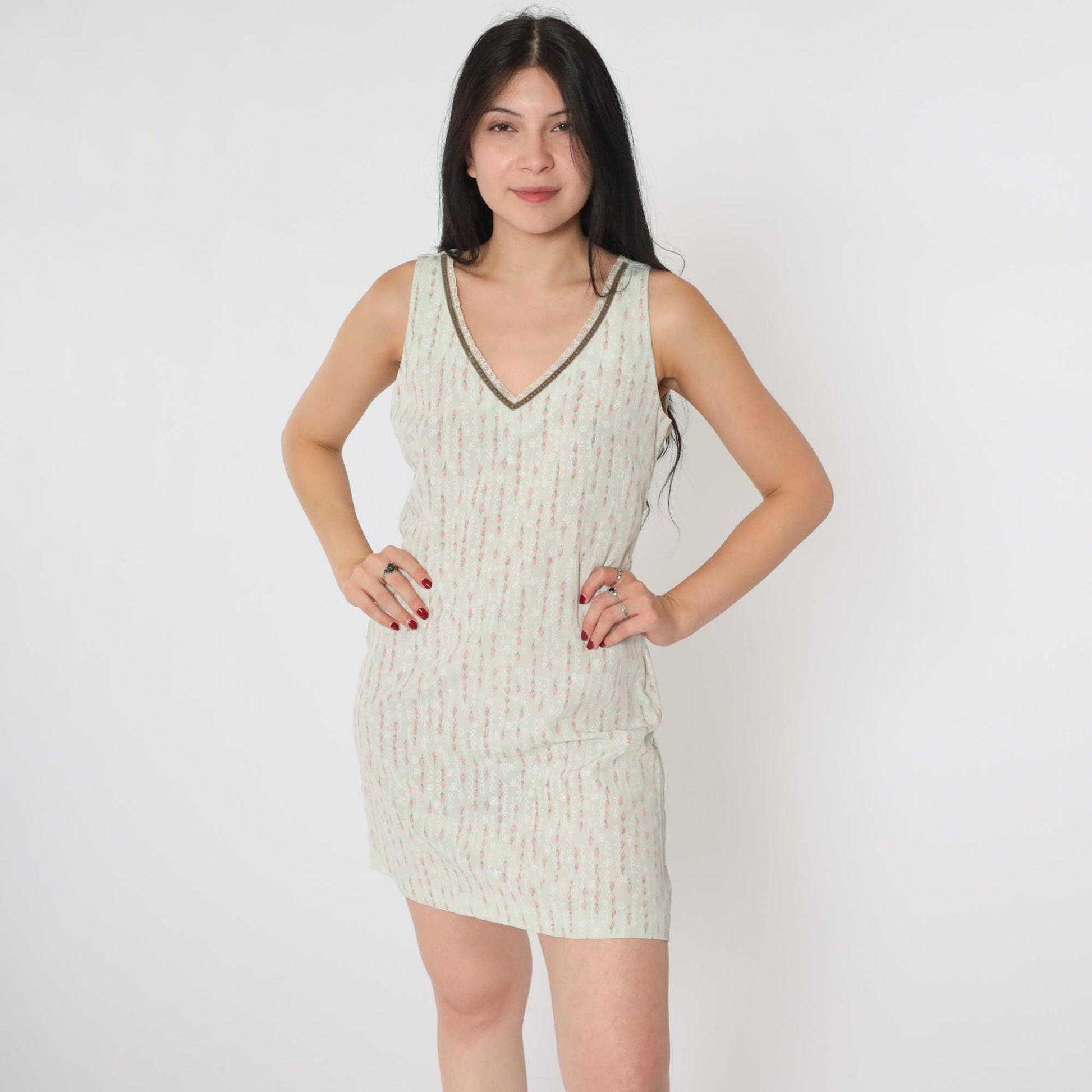 90s Mint Floral Sheath Mini Dress Deep V Neck Sleeveless Small