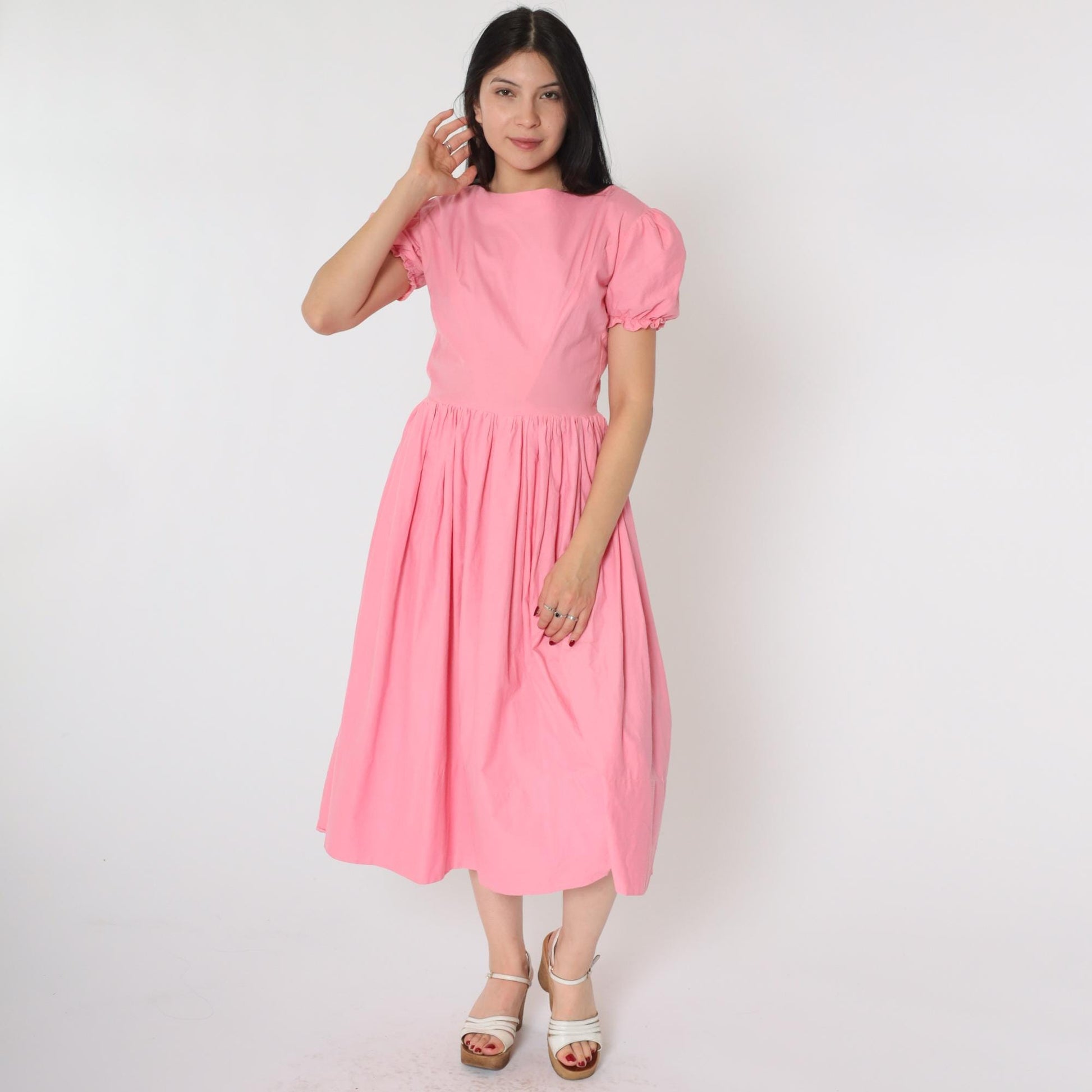 60s Bright Pink Puff Sleeve Midi Dress High Waist Full Skirt Small S