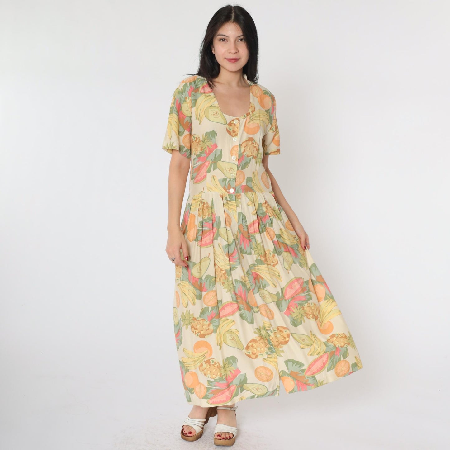 90s Tropical Fruit Print Button-Up Shirtdress Midi Cream Rayon Medium