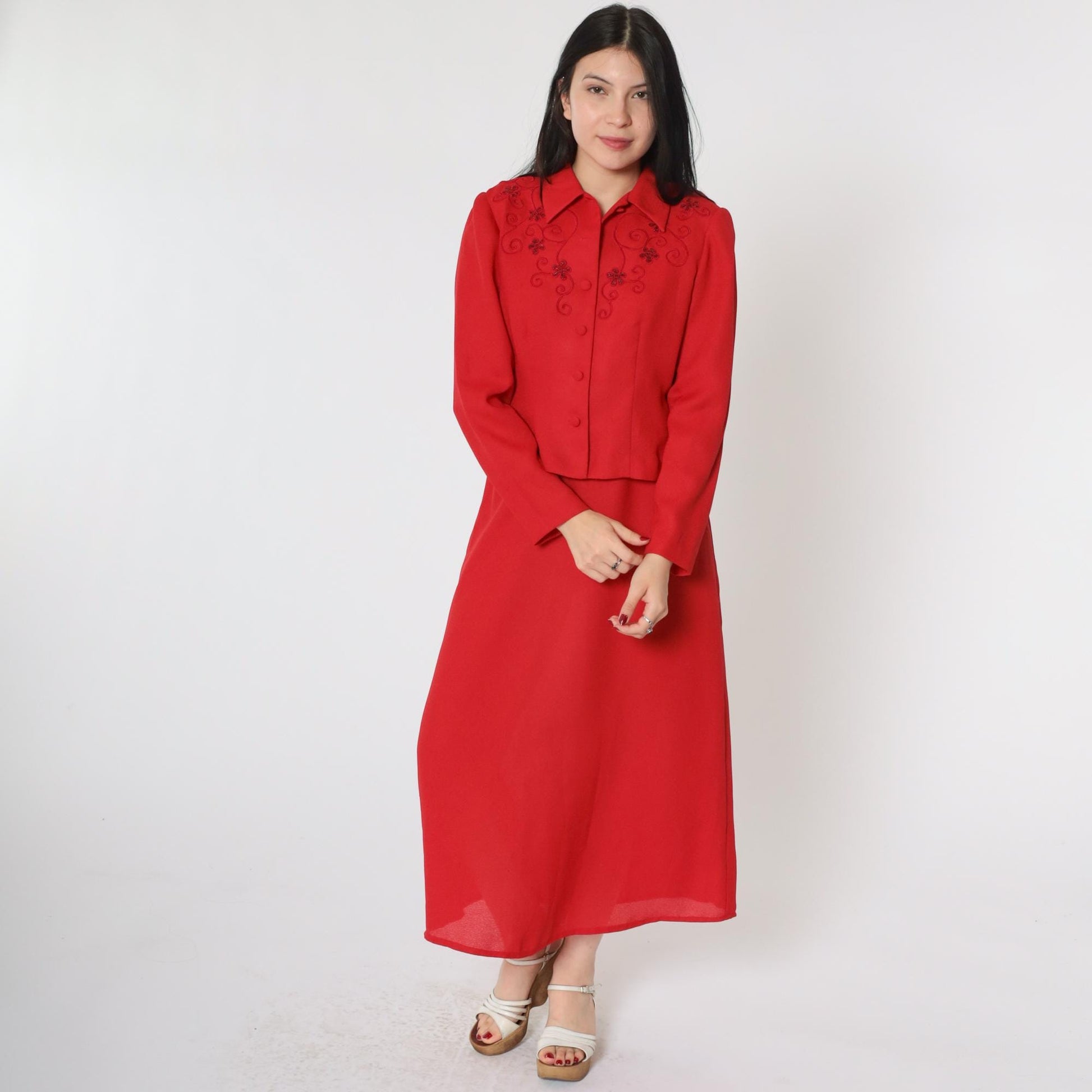 90s Karin Stevens Red Soutache Beaded Two-Piece Dress Set Ankle Length Small Petite