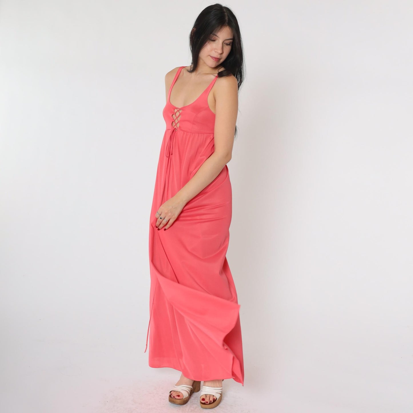 70s Coral Pink Lace-Up Slip Dress Maxi Empire Waist Scoop Neck Extra Small
