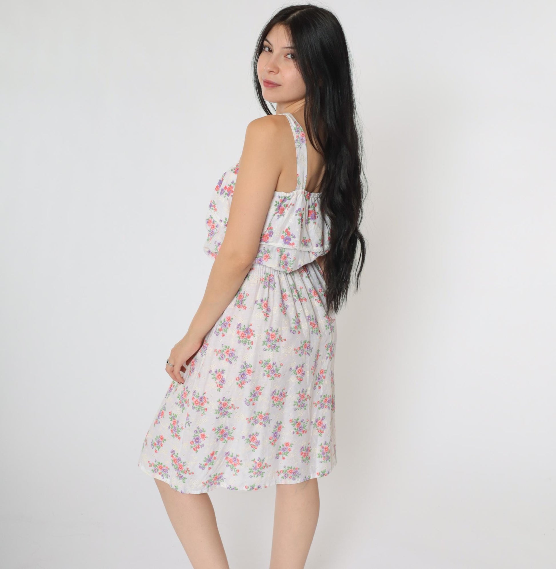 70s White Floral Midi Sun Dress High Elastic Waist Tank Straps Small Medium