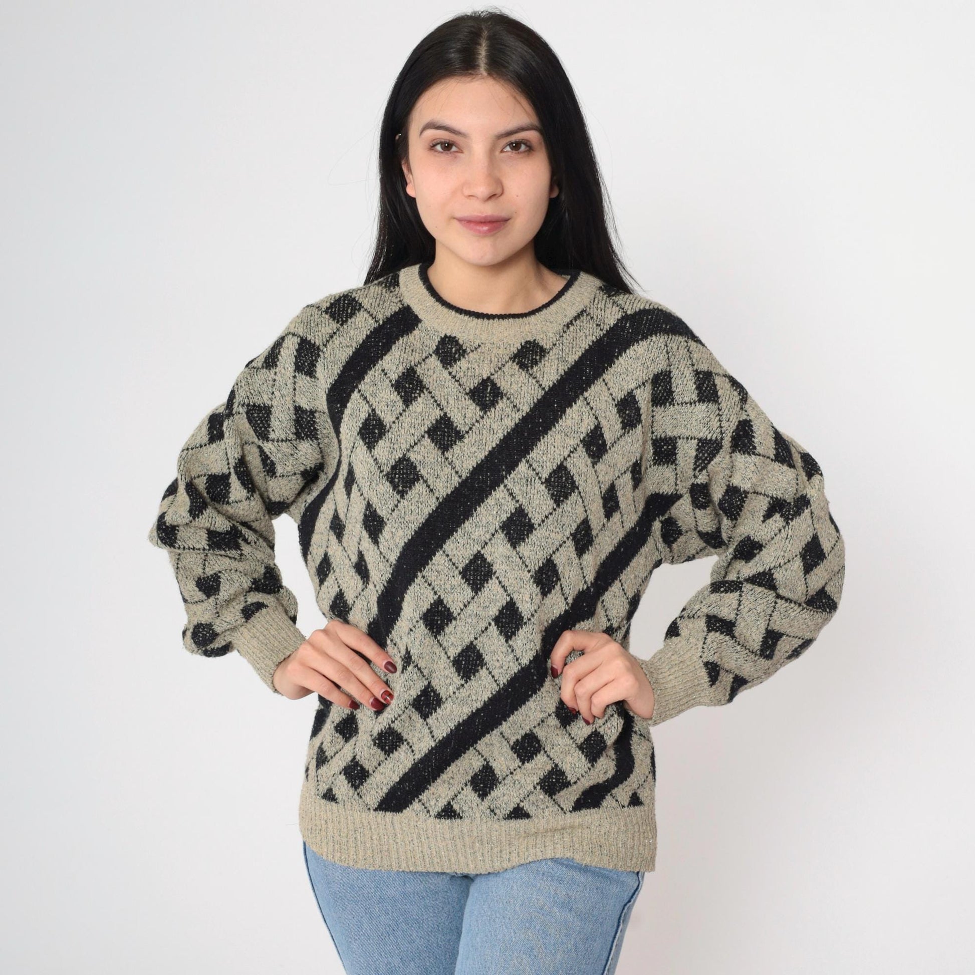 90s Geometric Knit Sweater Black Taupe Lattice Crewneck Pullover Medium