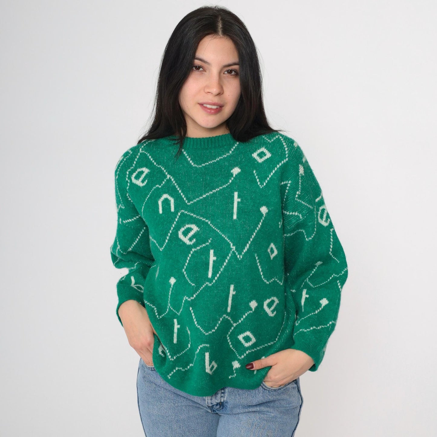 80s Benetton Wool Blend Sweater Green Spellout Graphic Crewneck Small