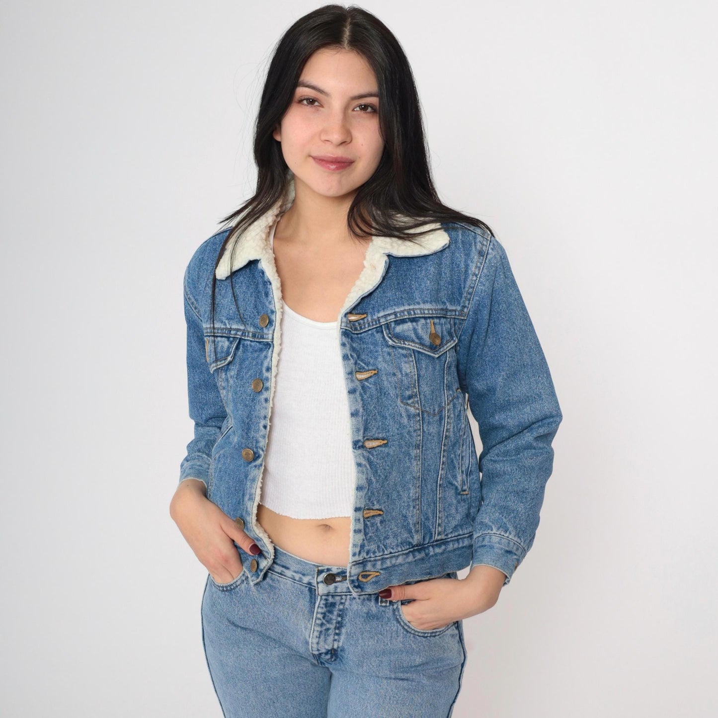 90s Blue Denim Shearling Jacket Faux Fleece Lined Button Up XXS