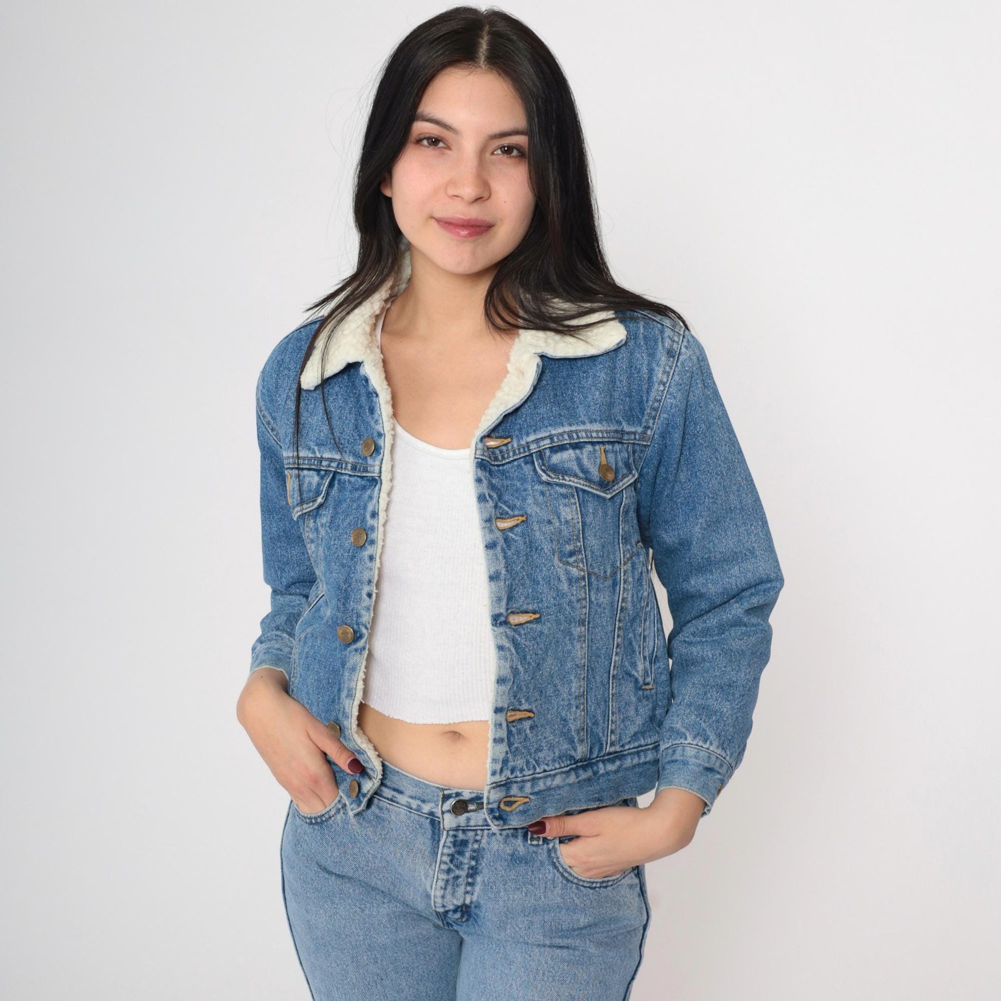 90s Blue Denim Shearling Jacket Faux Fleece Lined Button Up XXS